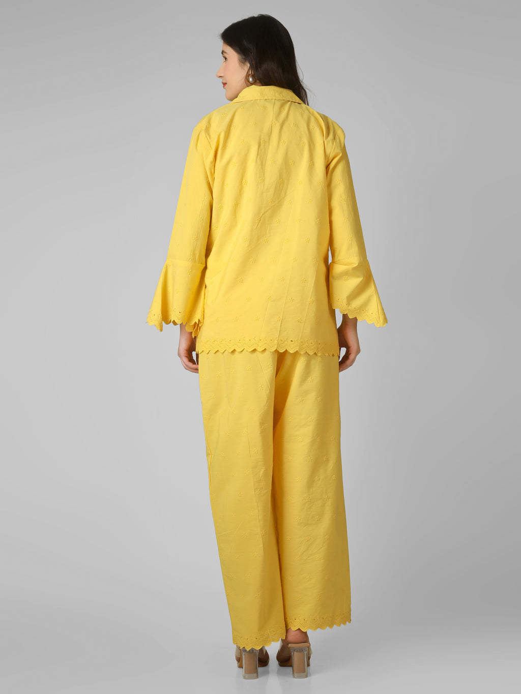 Lemon Sorbet: Schiffli Embroidered Cotton Co-ord Set with Scalloped Cut-work