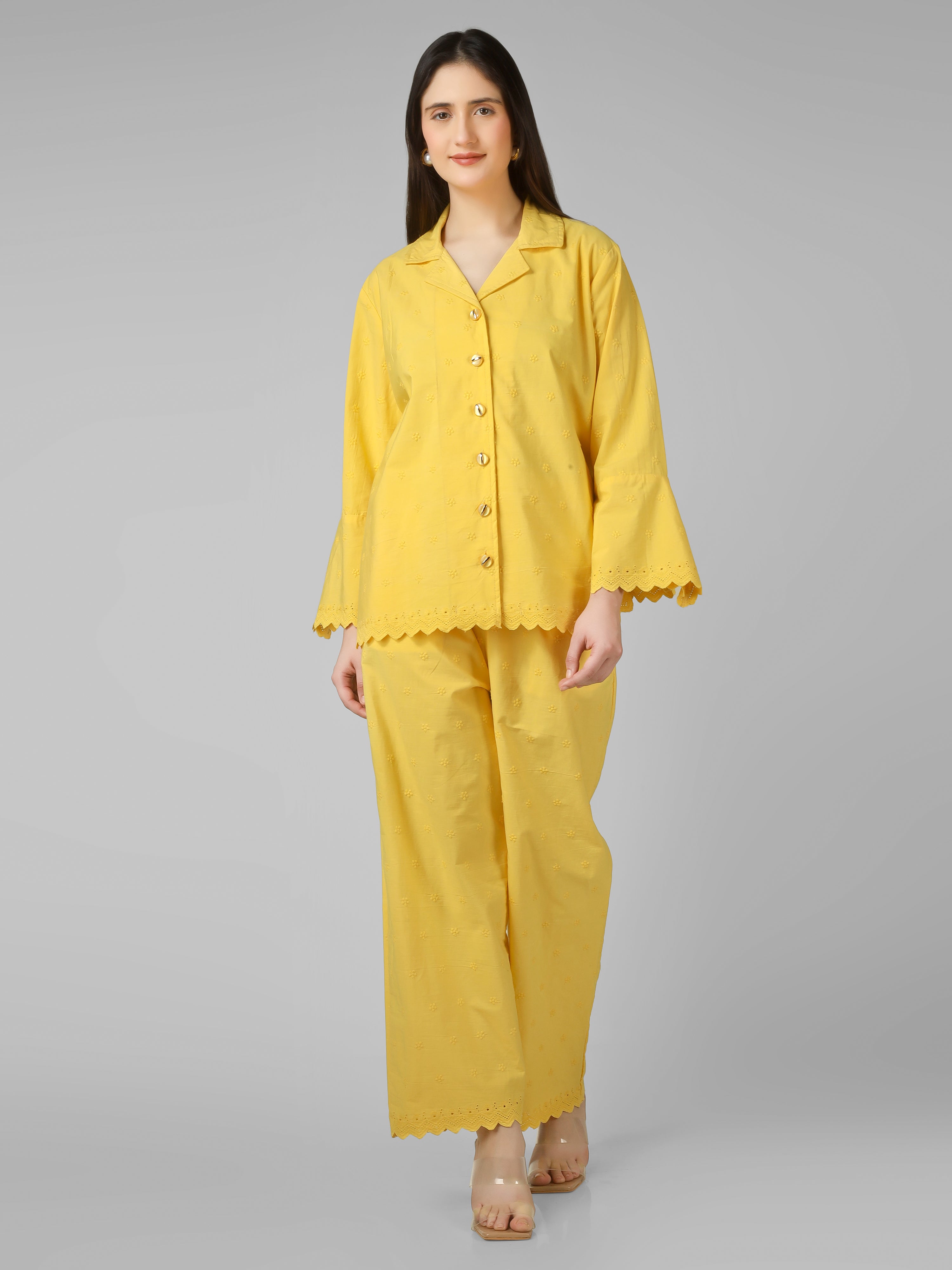 Lemon Sorbet: Schiffli Embroidered Cotton Co-ord Set with Scalloped Cut-work