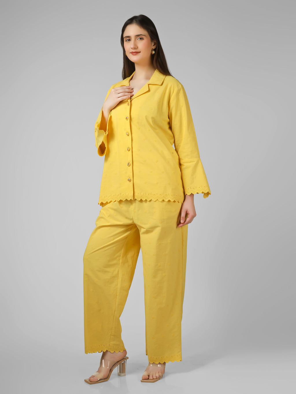 Lemon Sorbet: Schiffli Embroidered Cotton Co-ord Set with Scalloped Cut-work