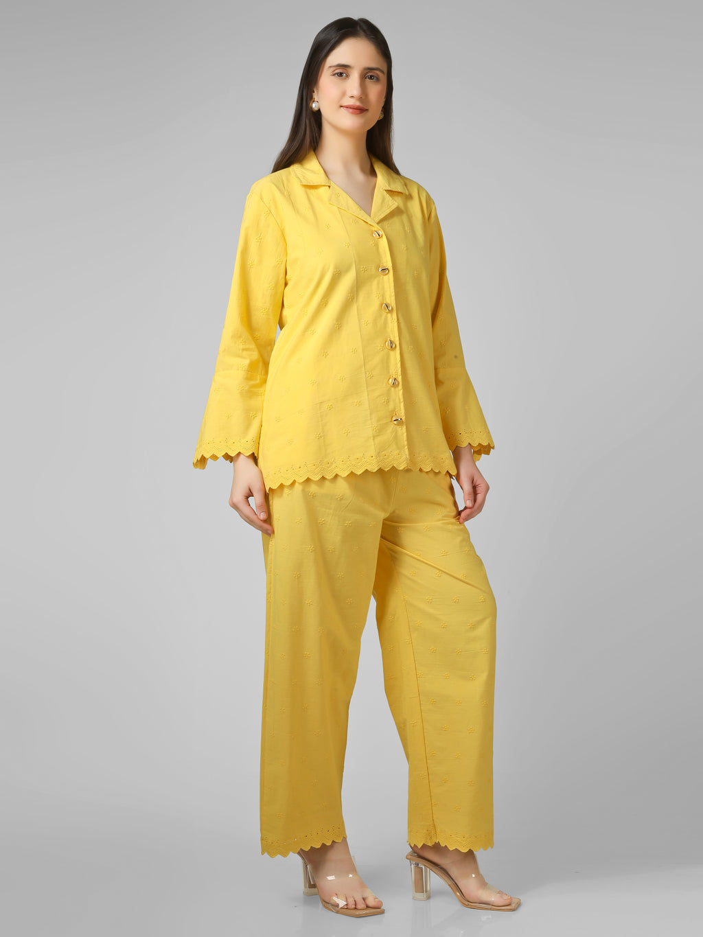 Lemon Sorbet: Schiffli Embroidered Cotton Co-ord Set with Scalloped Cut-work