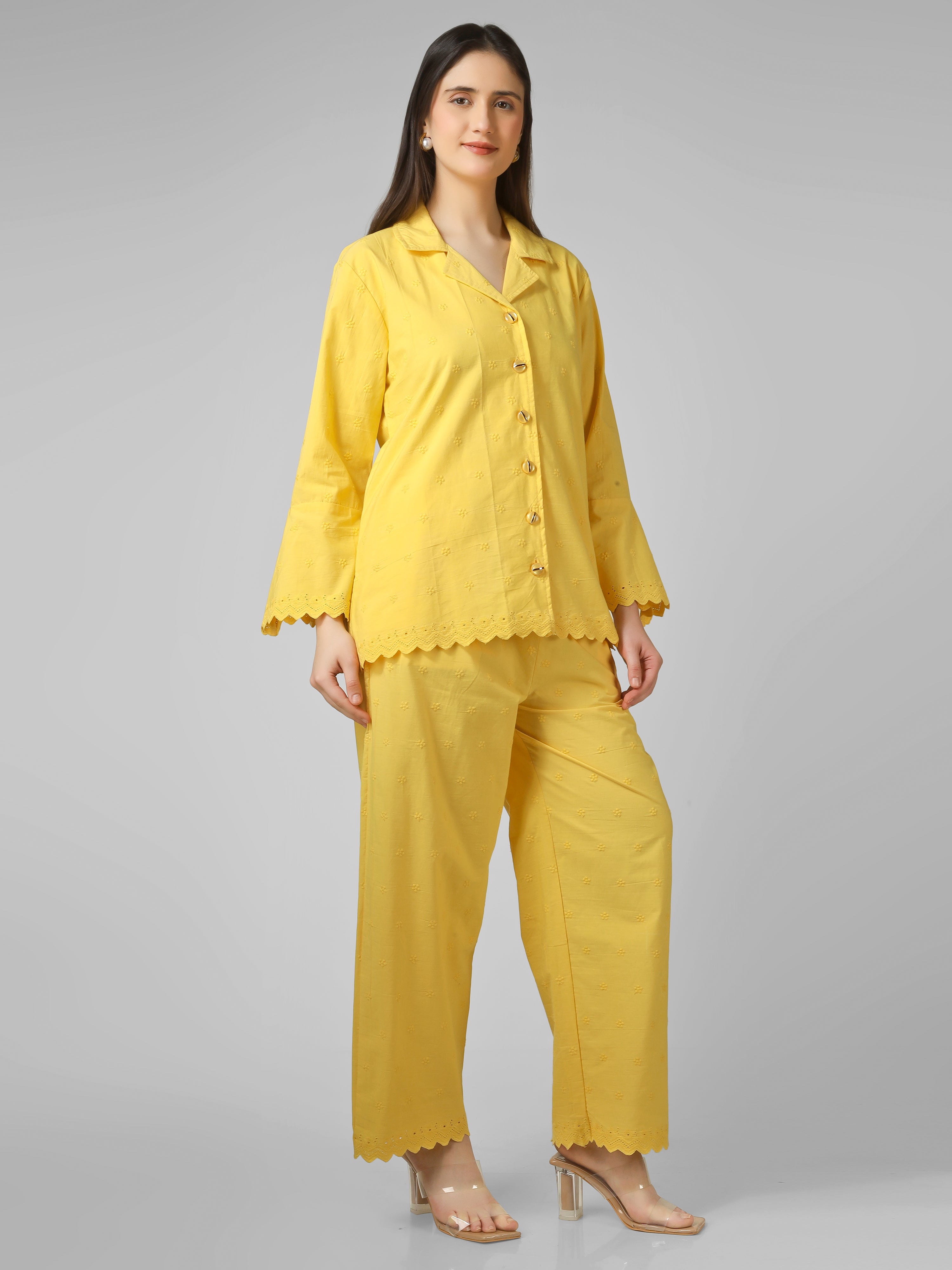 Lemon Sorbet: Schiffli Embroidered Cotton Co-ord Set with Scalloped Cut-work
