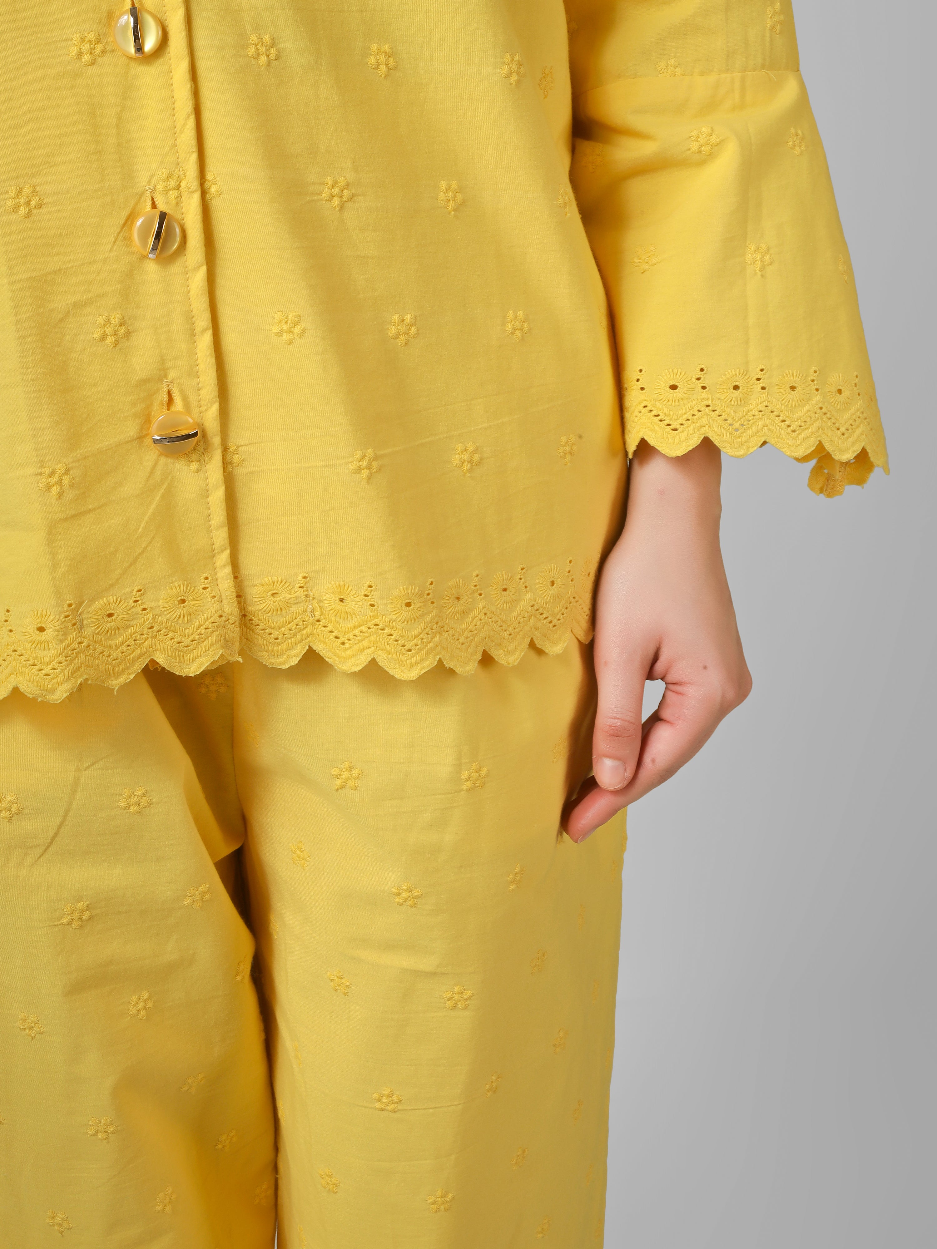 Lemon Sorbet: Schiffli Embroidered Cotton Co-ord Set with Scalloped Cut-work