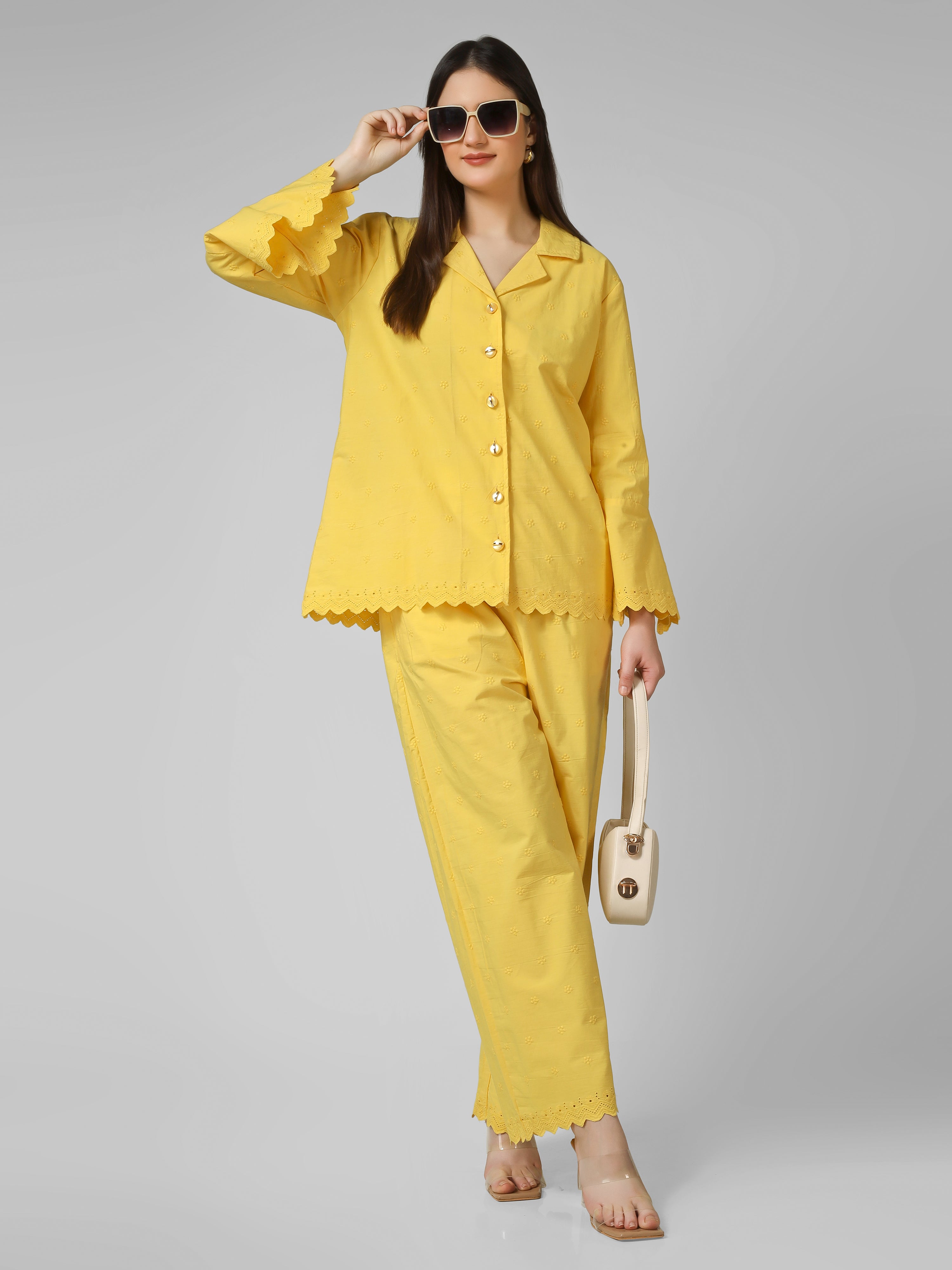 Lemon Sorbet: Schiffli Embroidered Cotton Co-ord Set with Scalloped Cut-work