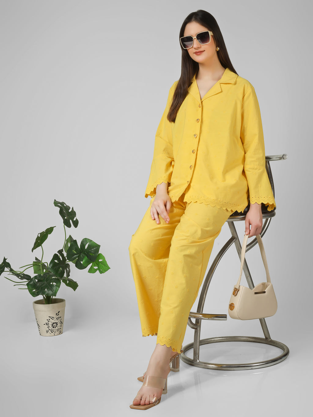 Lemon Sorbet: Schiffli Embroidered Cotton Co-ord Set with Scalloped Cut-work