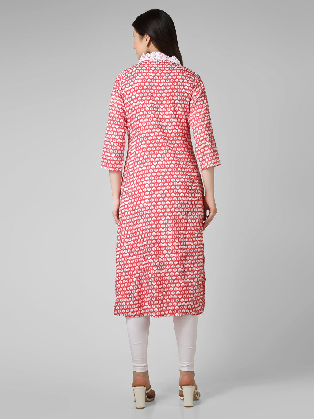 Blush Blossom: Hand-Block Printed Cotton Kurti with Crochet Lace Neckline