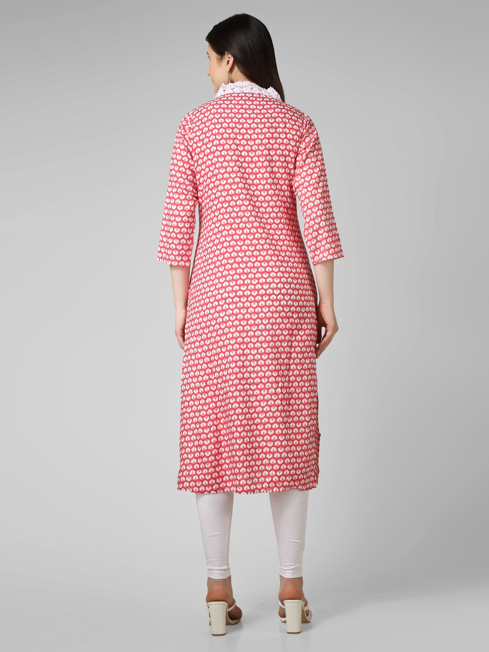 Blush Blossom: Hand-Block Printed Cotton Kurti with Crochet Lace Neckline