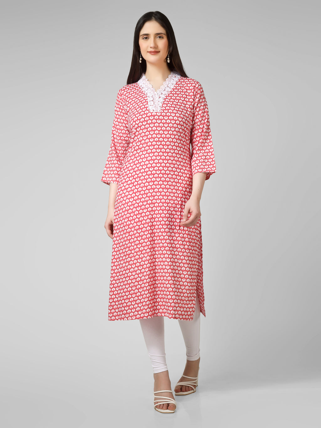 Blush Blossom: Hand-Block Printed Cotton Kurti with Crochet Lace Neckline