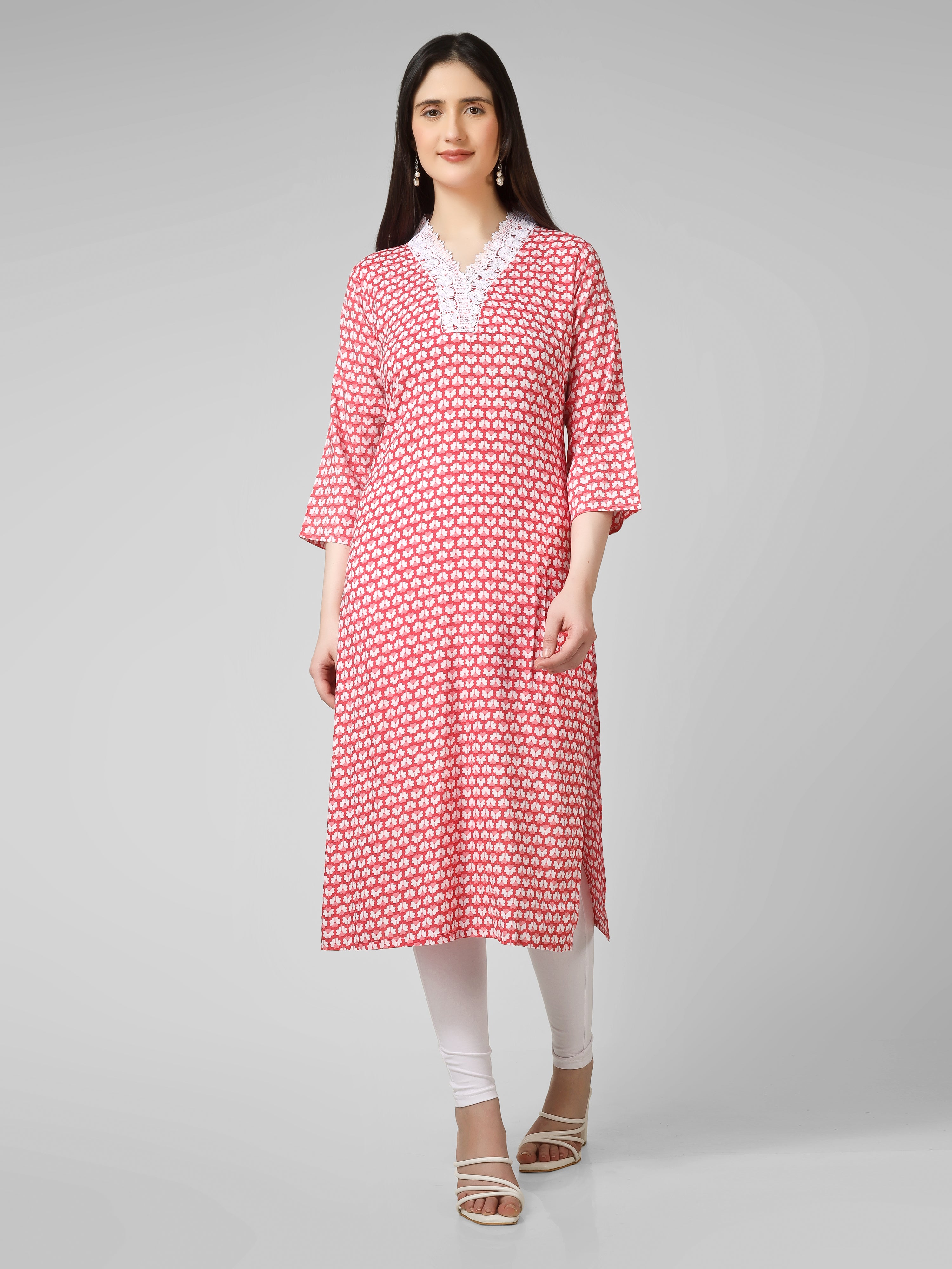 Blush Blossom: Hand-Block Printed Cotton Kurti with Crochet Lace Neckline