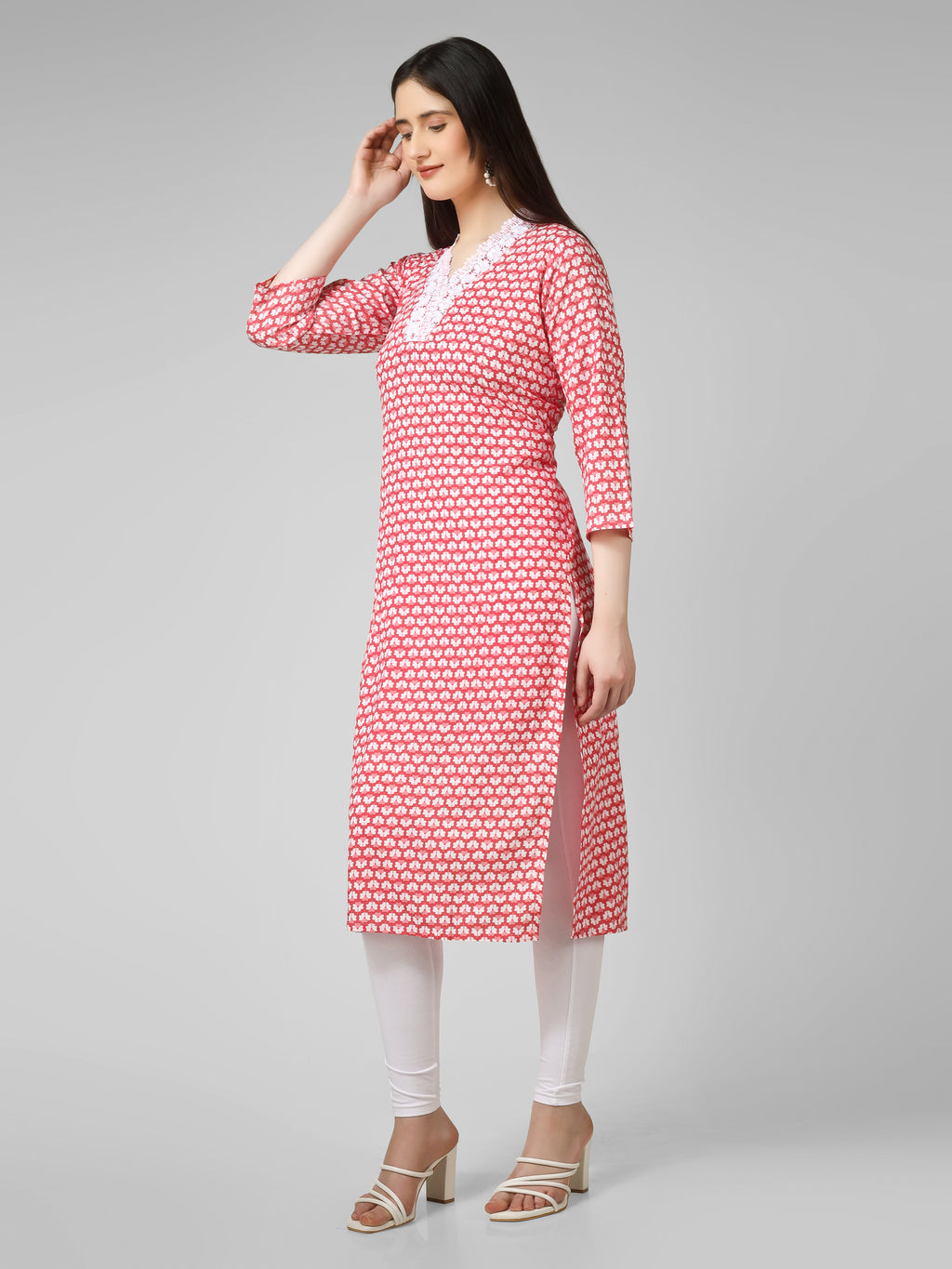 Blush Blossom: Hand-Block Printed Cotton Kurti with Crochet Lace Neckline