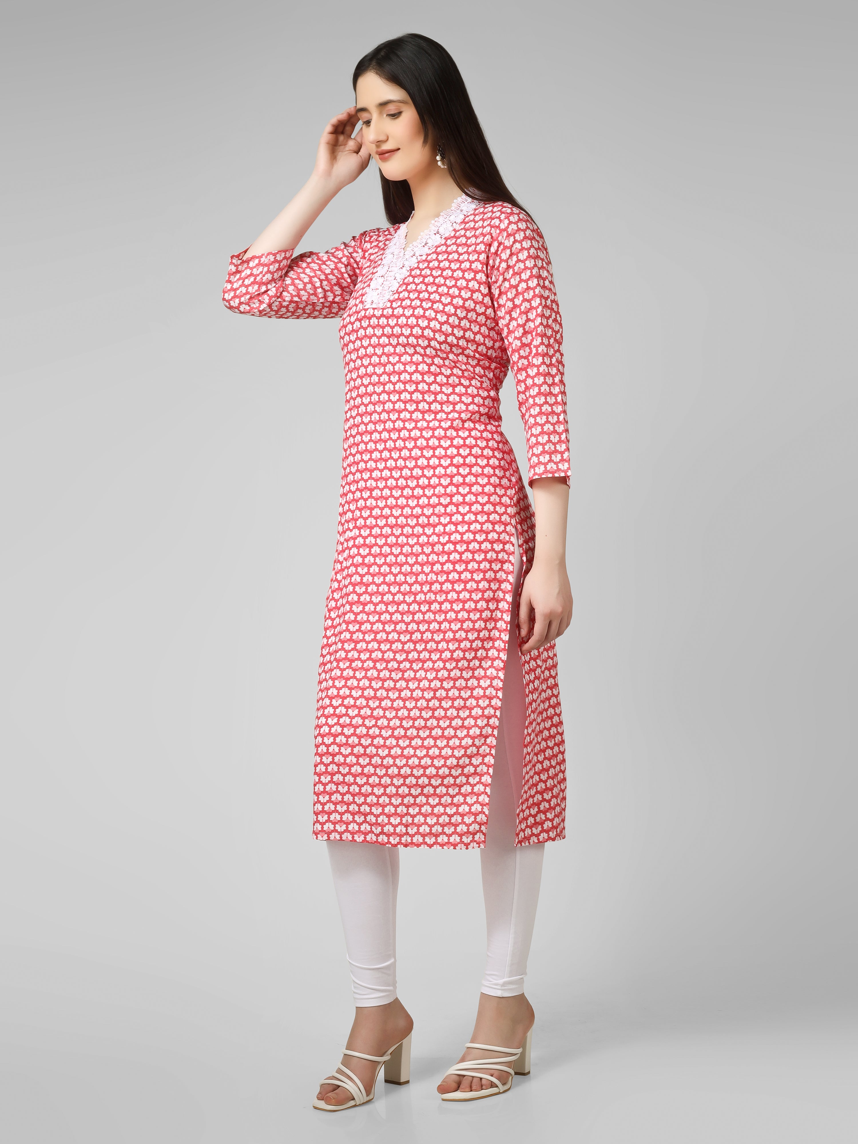 Blush Blossom: Hand-Block Printed Cotton Kurti with Crochet Lace Neckline
