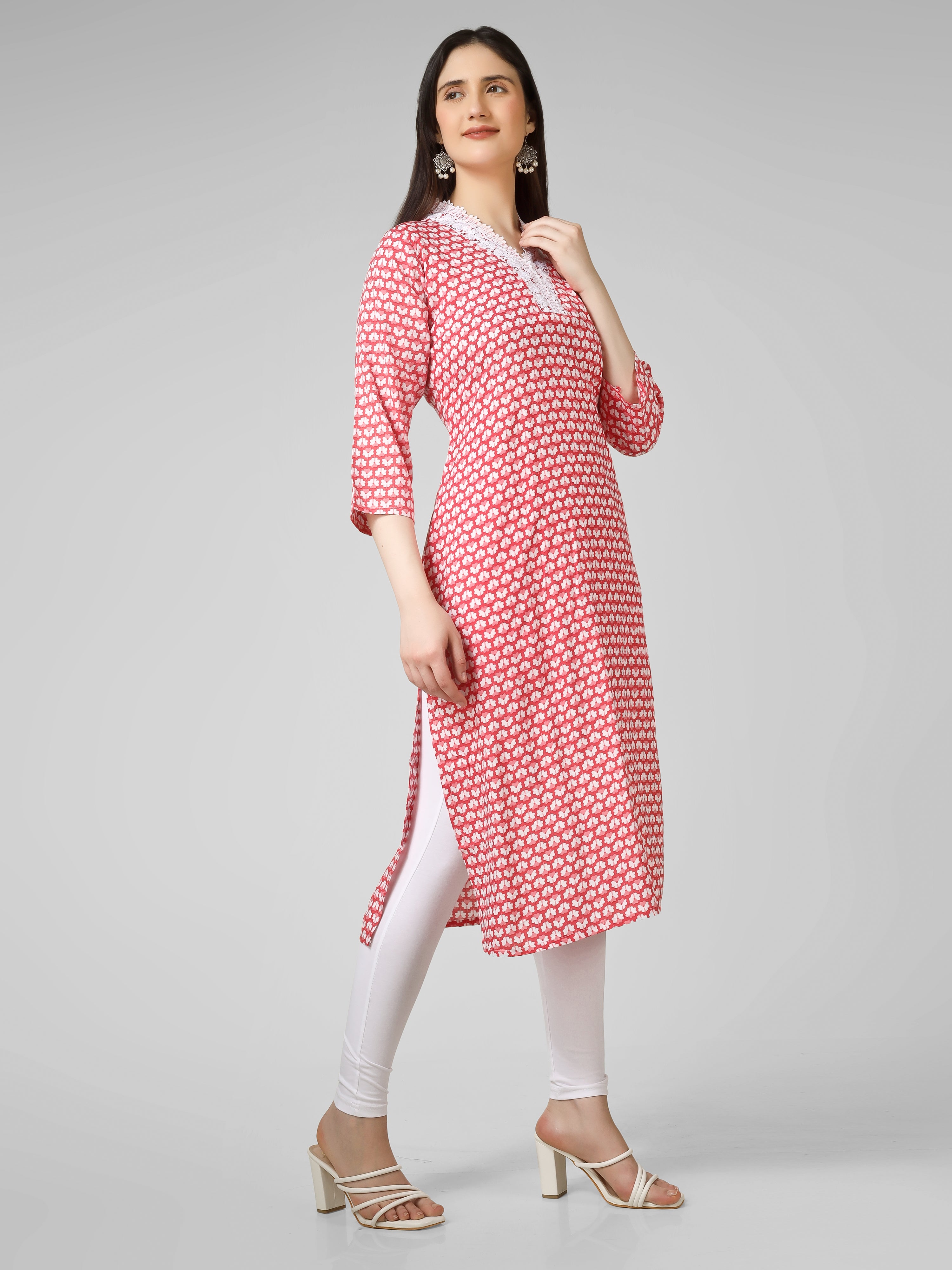 Blush Blossom: Hand-Block Printed Cotton Kurti with Crochet Lace Neckline