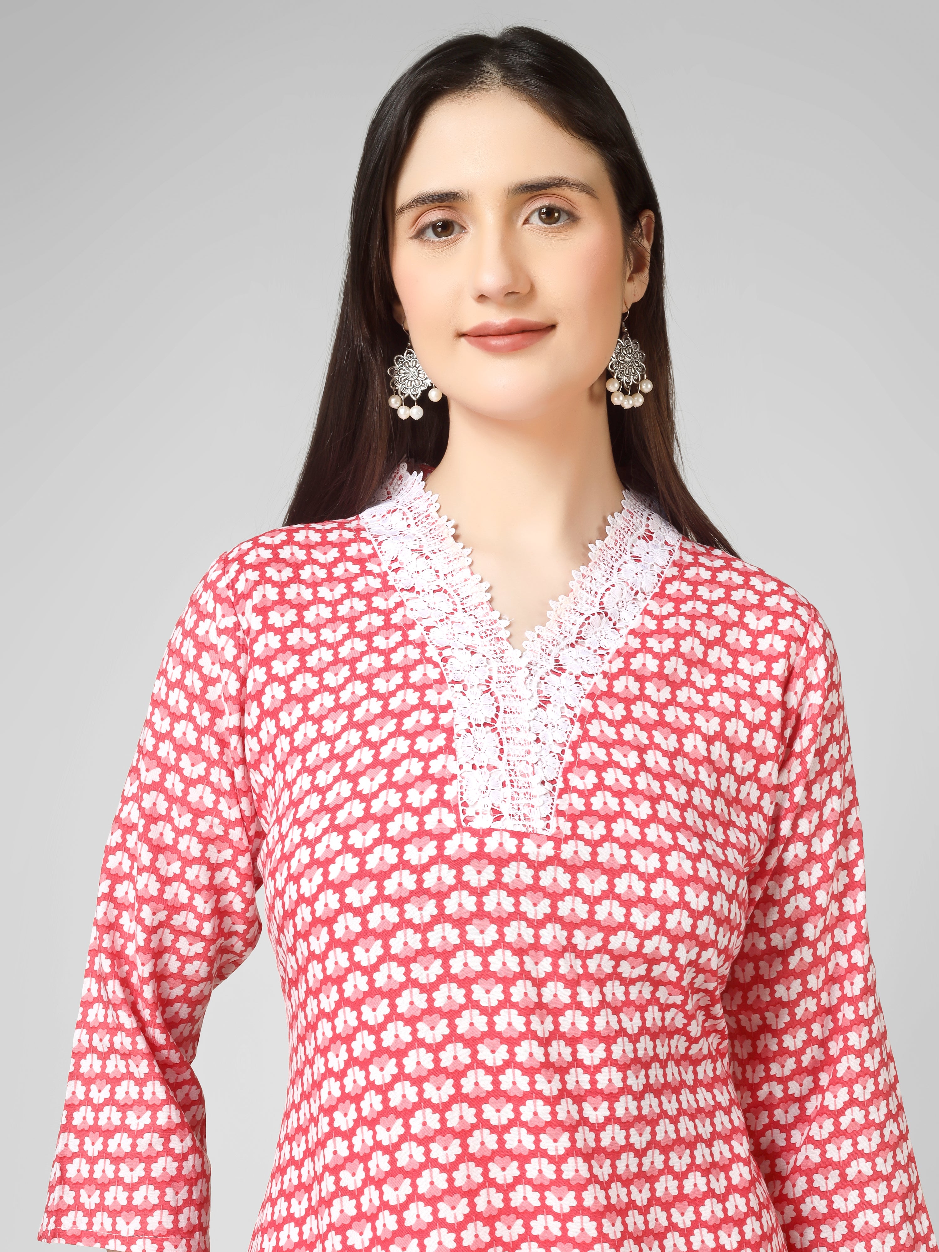 Blush Blossom: Hand-Block Printed Cotton Kurti with Crochet Lace Neckline