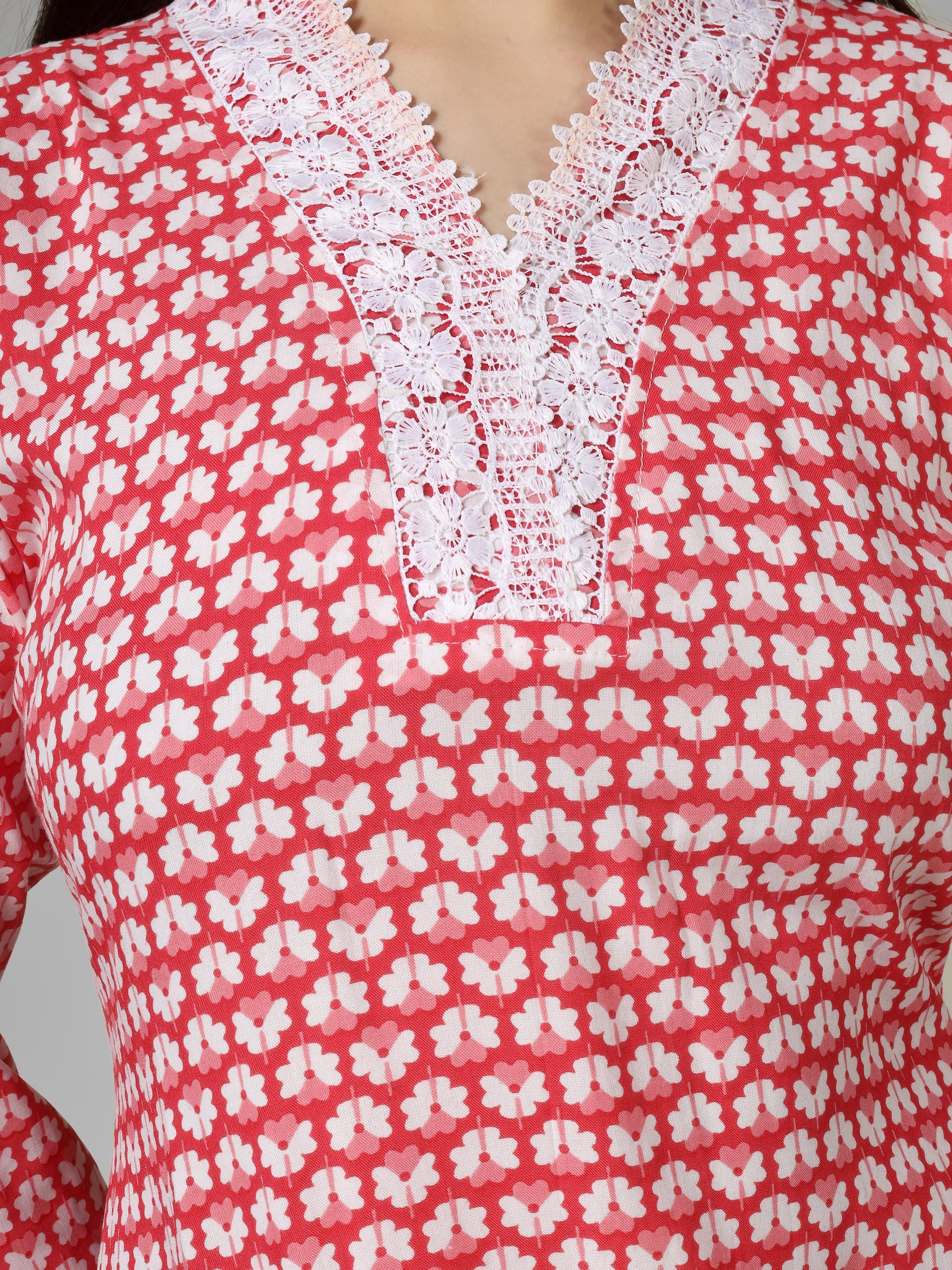 Blush Blossom: Hand-Block Printed Cotton Kurti with Crochet Lace Neckline