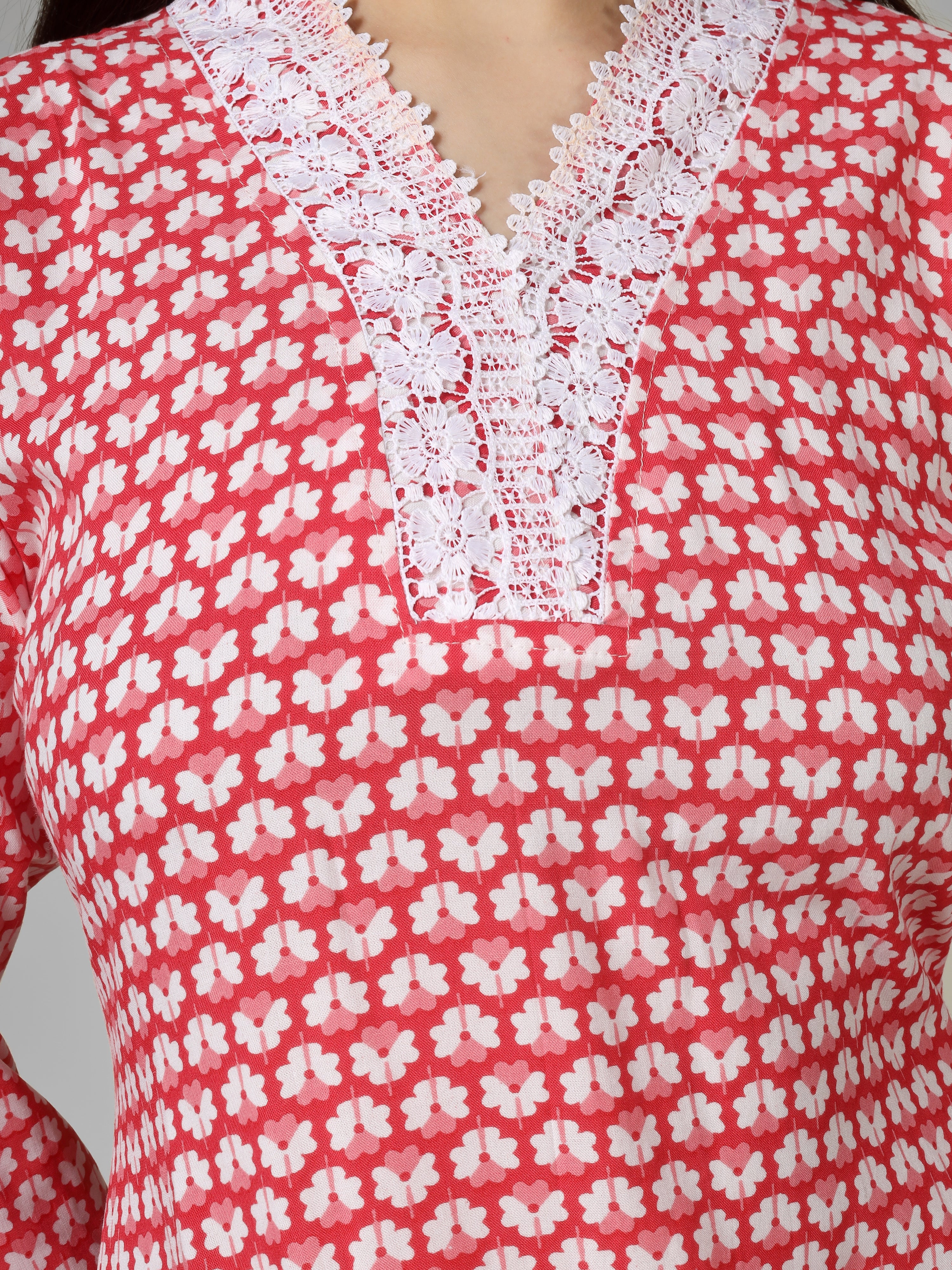 Blush Blossom: Hand-Block Printed Cotton Kurti with Crochet Lace Neckline