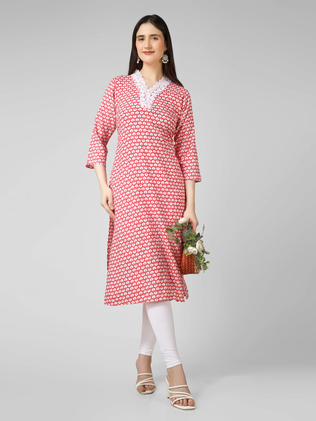 Blush Blossom: Hand-Block Printed Cotton Kurti with Crochet Lace Neckline