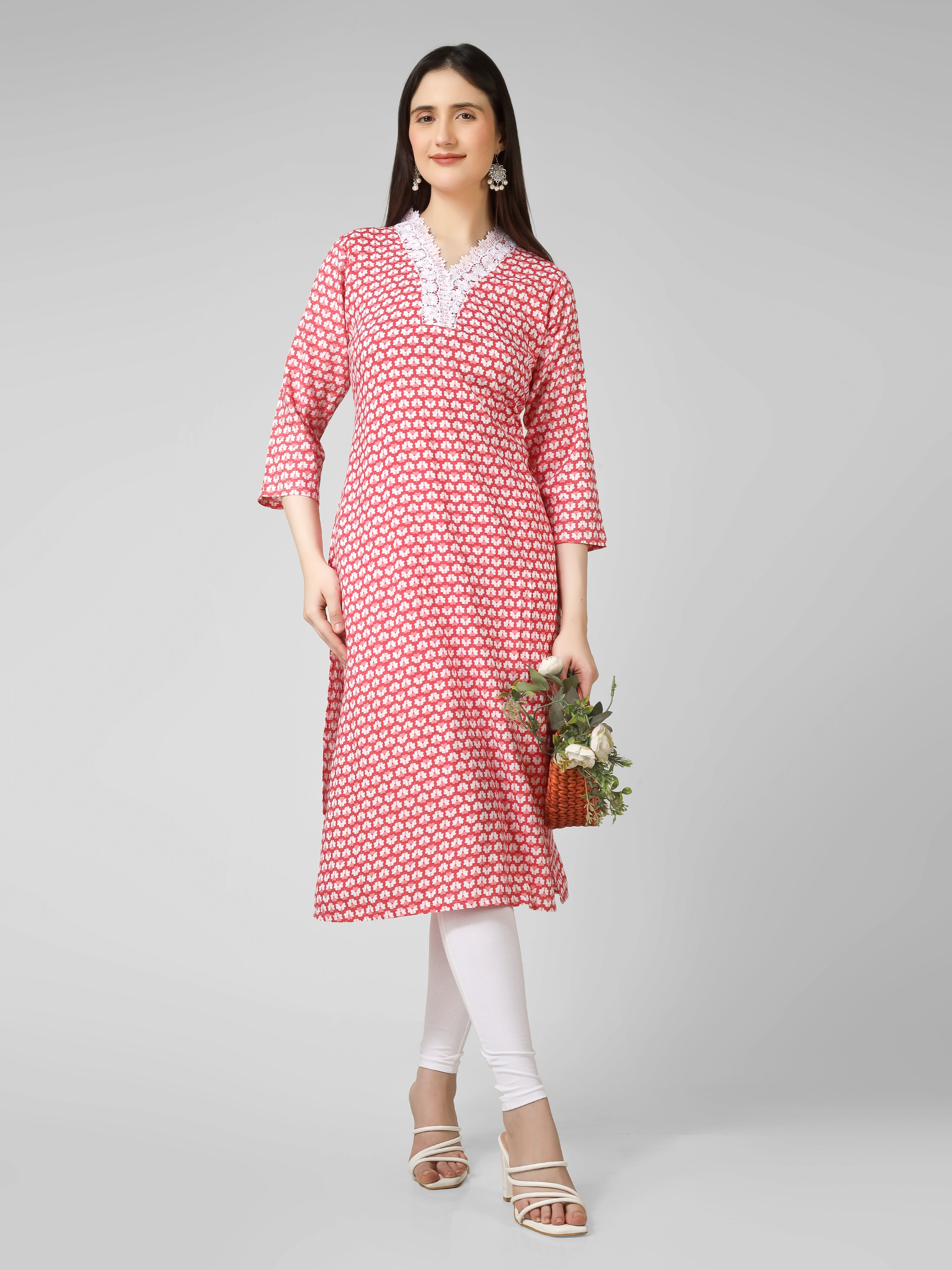 Blush Blossom: Hand-Block Printed Cotton Kurti with Crochet Lace Neckline