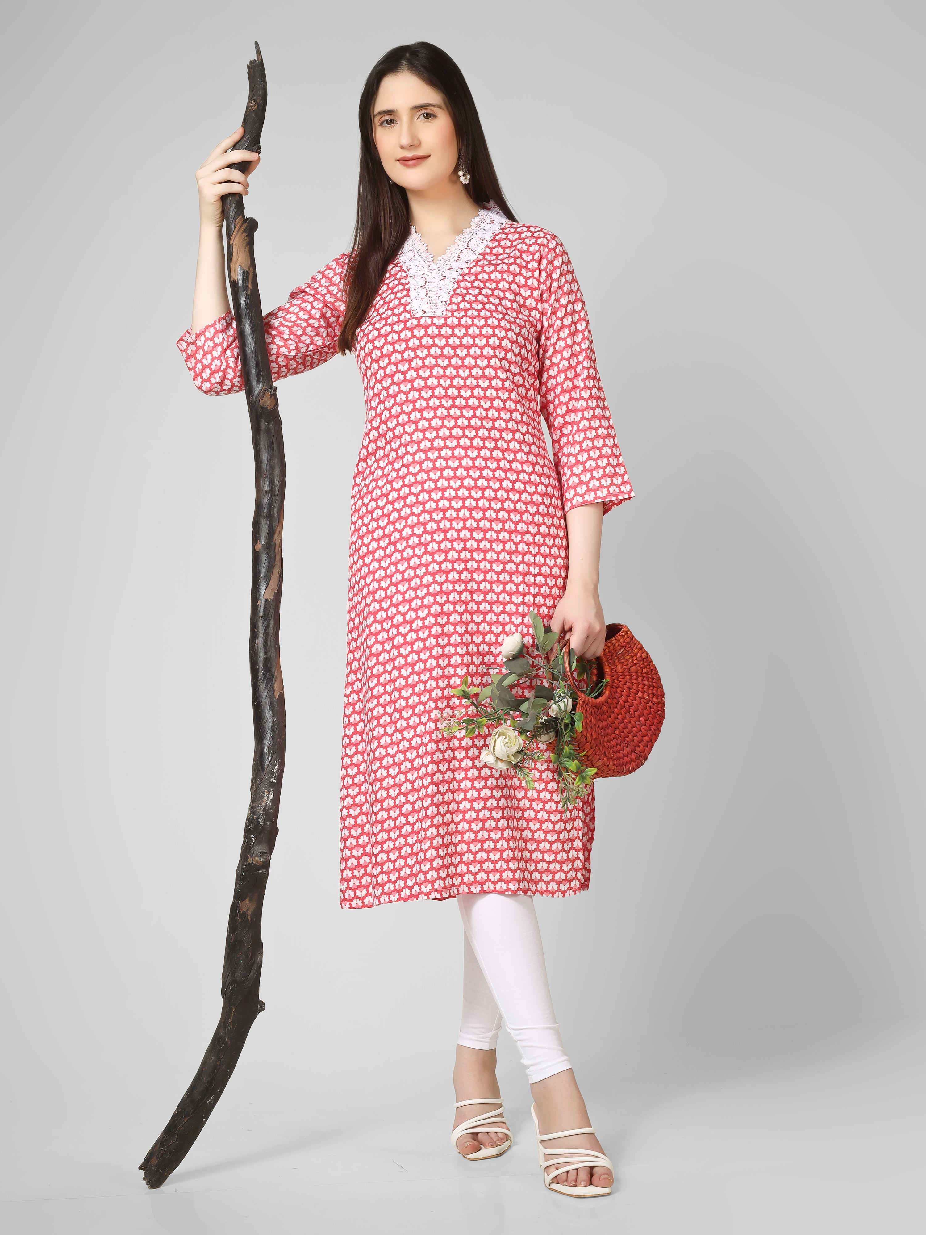 Blush Blossom: Hand-Block Printed Cotton Kurti with Crochet Lace Neckline