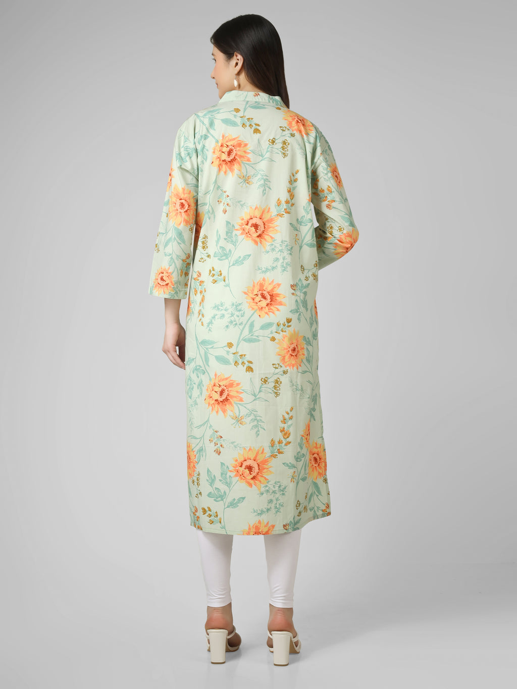 Meadow Breeze: Sage Green Floral Printed Cotton Kurti with Button  Detail