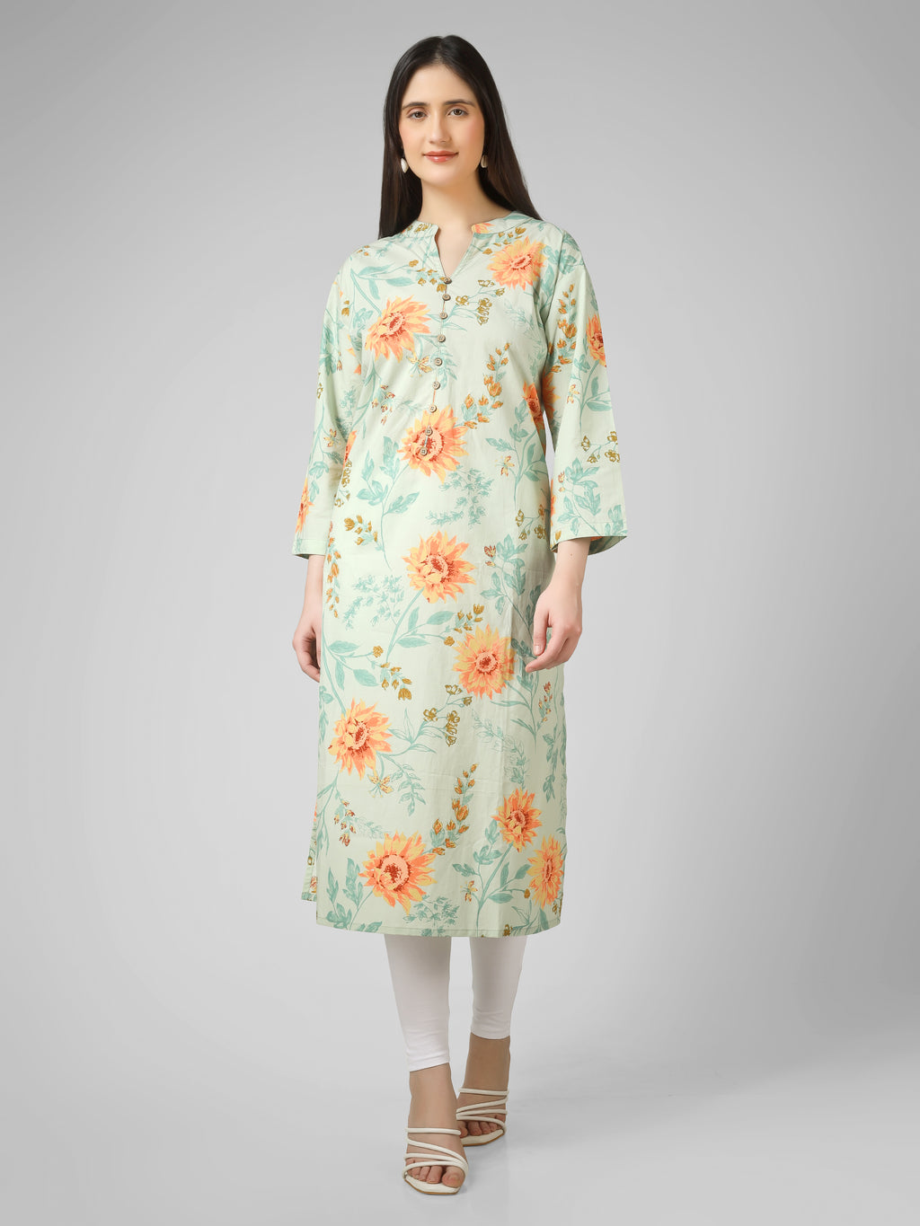 Meadow Breeze: Sage Green Floral Printed Cotton Kurti with Button  Detail