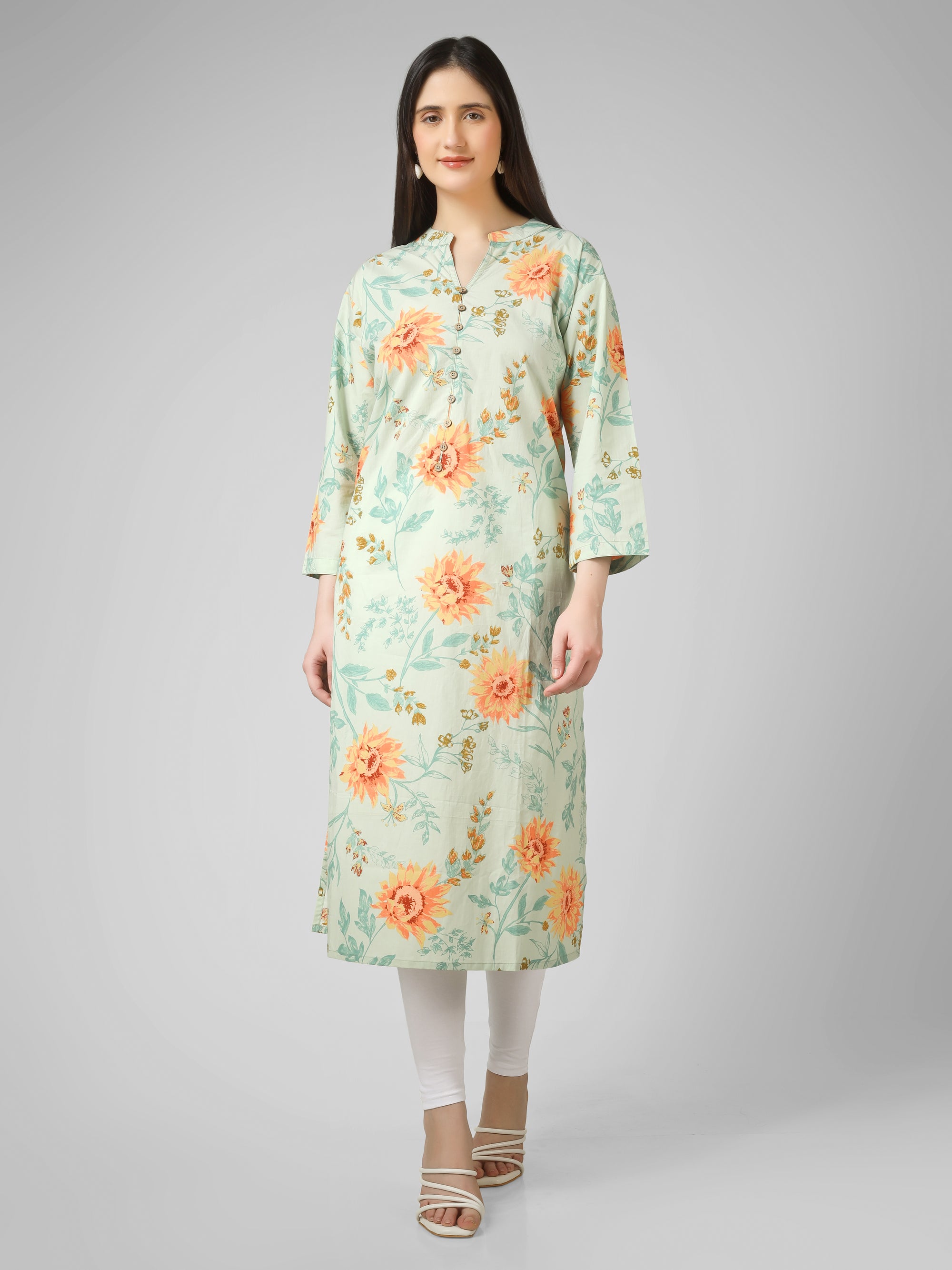 Meadow Breeze: Sage Green Floral Printed Cotton Kurti with Button  Detail