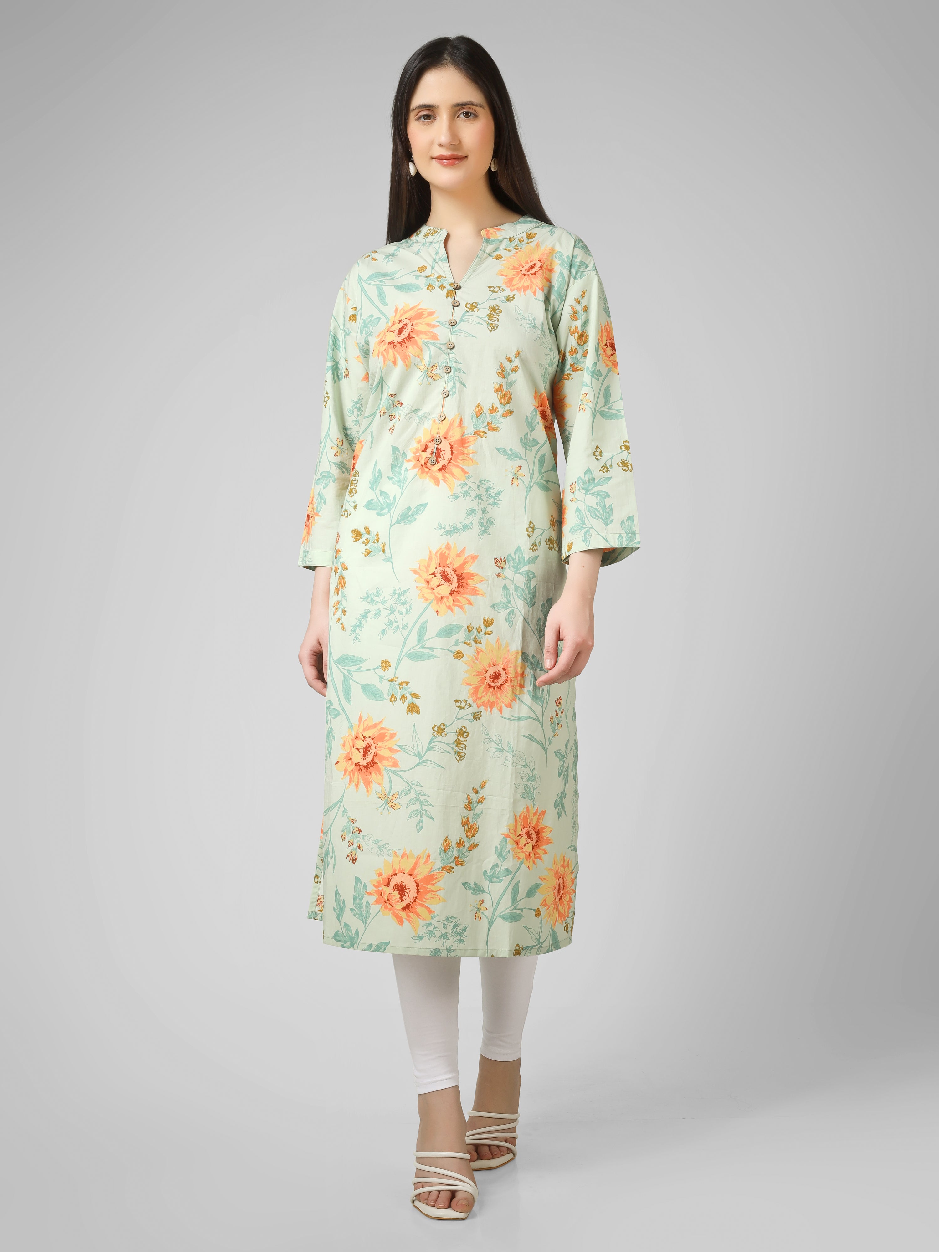 Meadow Breeze: Sage Green Floral Printed Cotton Kurti with Button  Detail