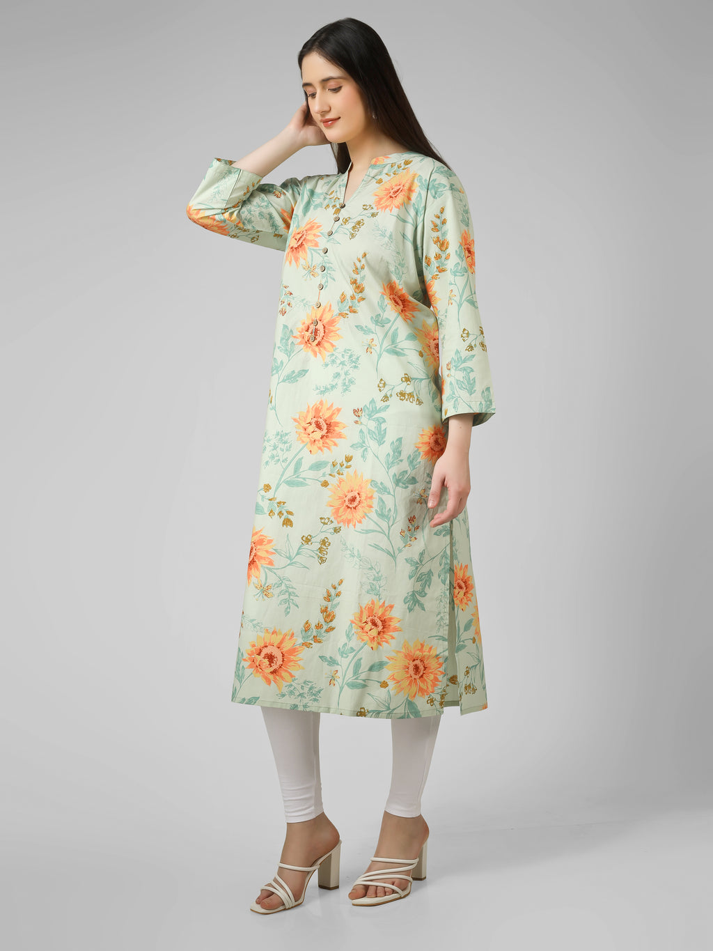 Meadow Breeze: Sage Green Floral Printed Cotton Kurti with Button  Detail