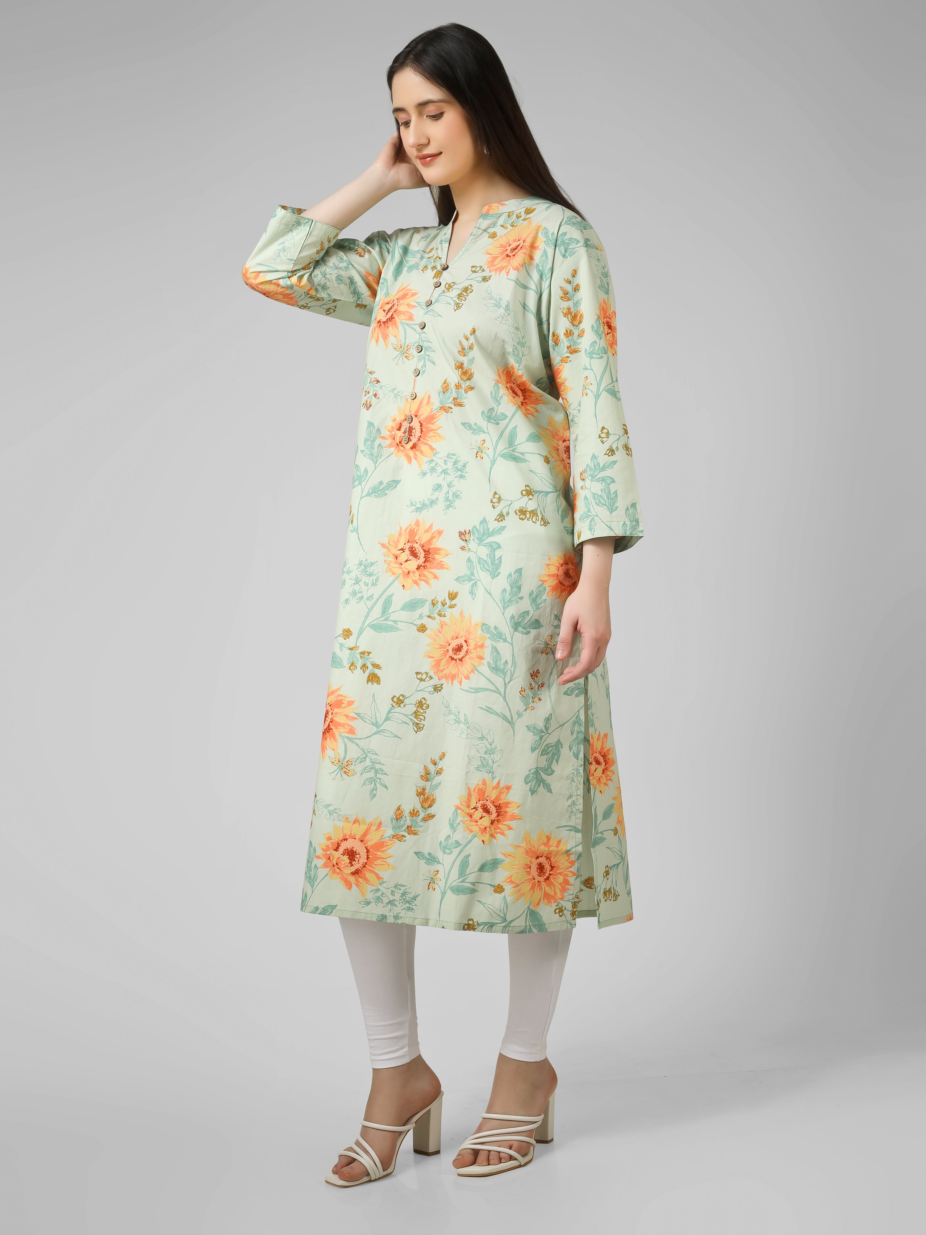 Meadow Breeze: Sage Green Floral Printed Cotton Kurti with Button  Detail