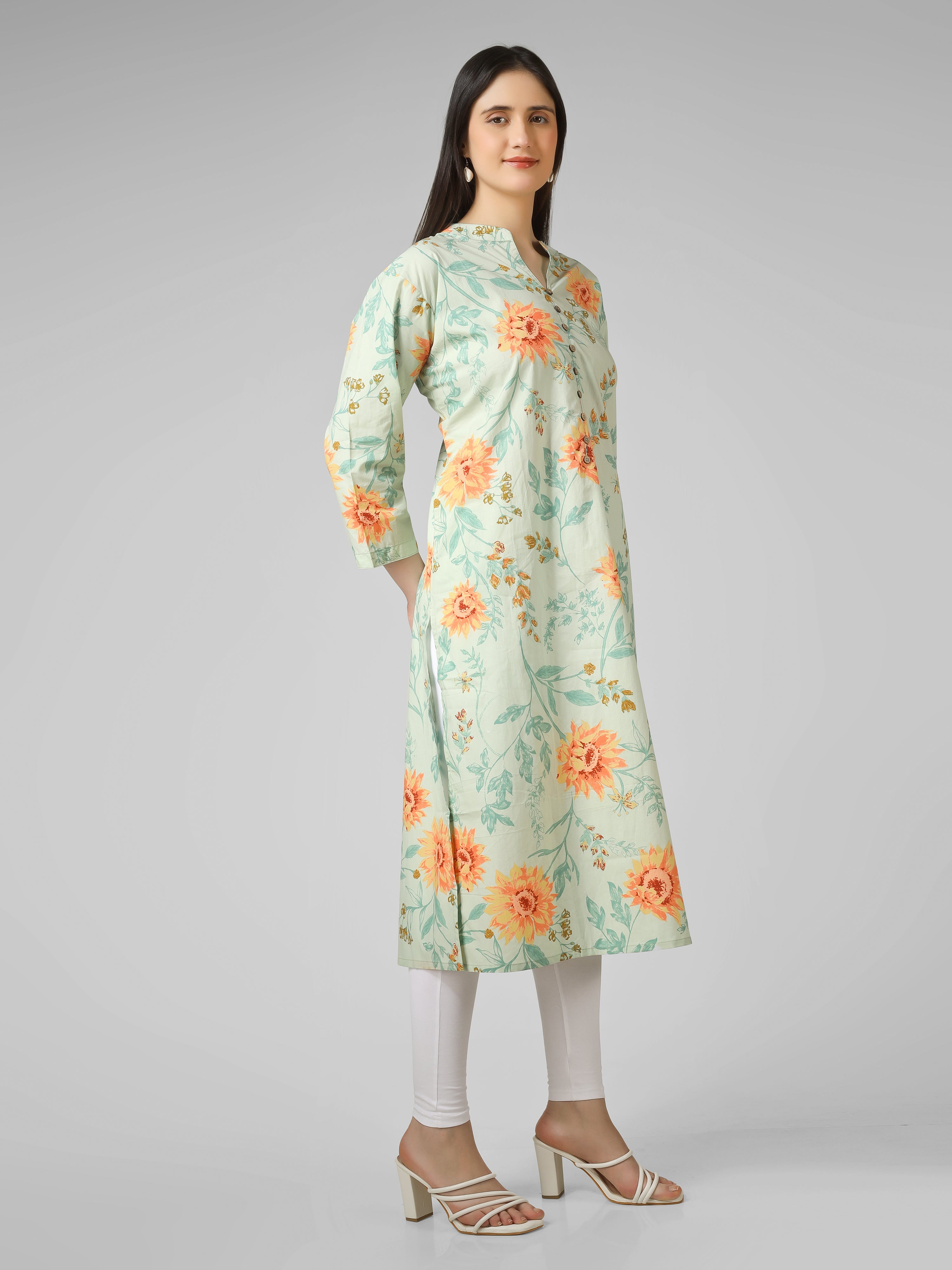 Meadow Breeze: Sage Green Floral Printed Cotton Kurti with Button  Detail