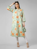 Meadow Breeze: Sage Green Floral Printed Cotton Kurti with Button  Detail