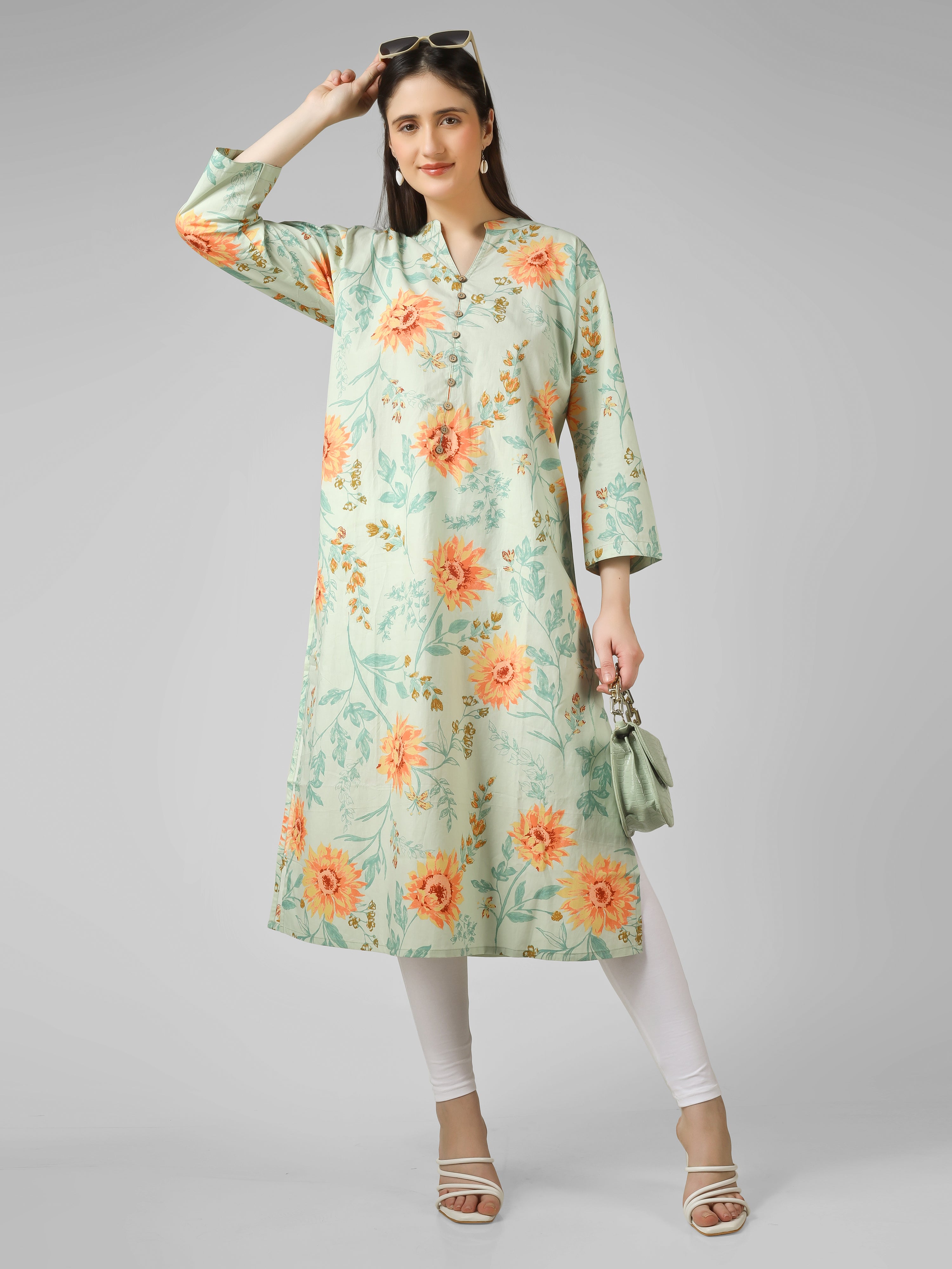 Meadow Breeze: Sage Green Floral Printed Cotton Kurti with Button  Detail