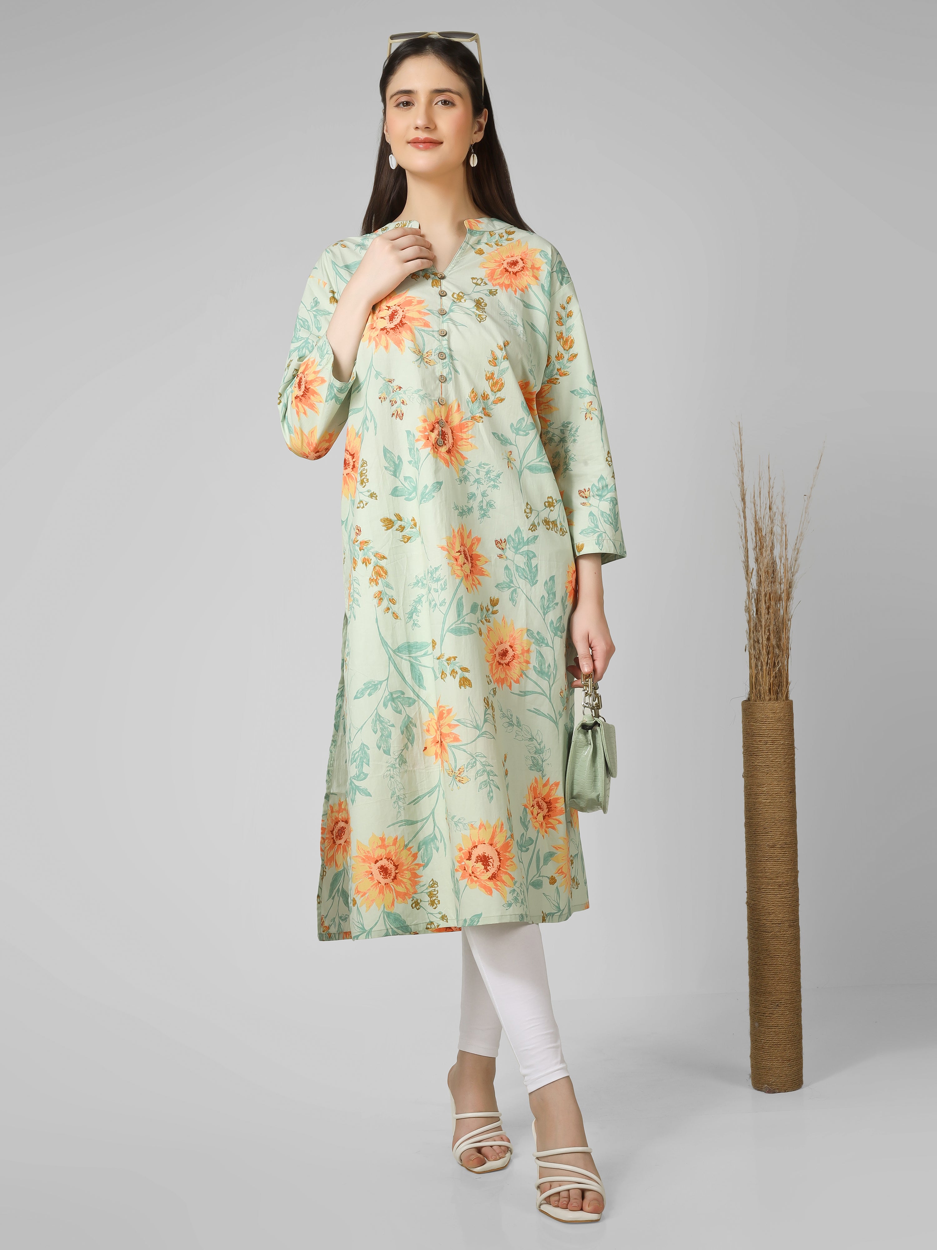Meadow Breeze: Sage Green Floral Printed Cotton Kurti with Button  Detail