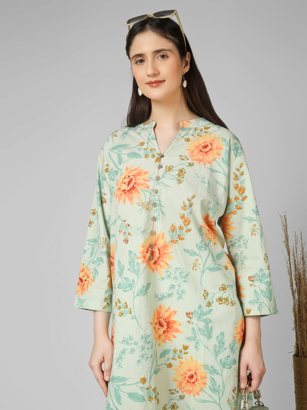 Meadow Breeze: Sage Green Floral Printed Cotton Kurti with Button  Detail