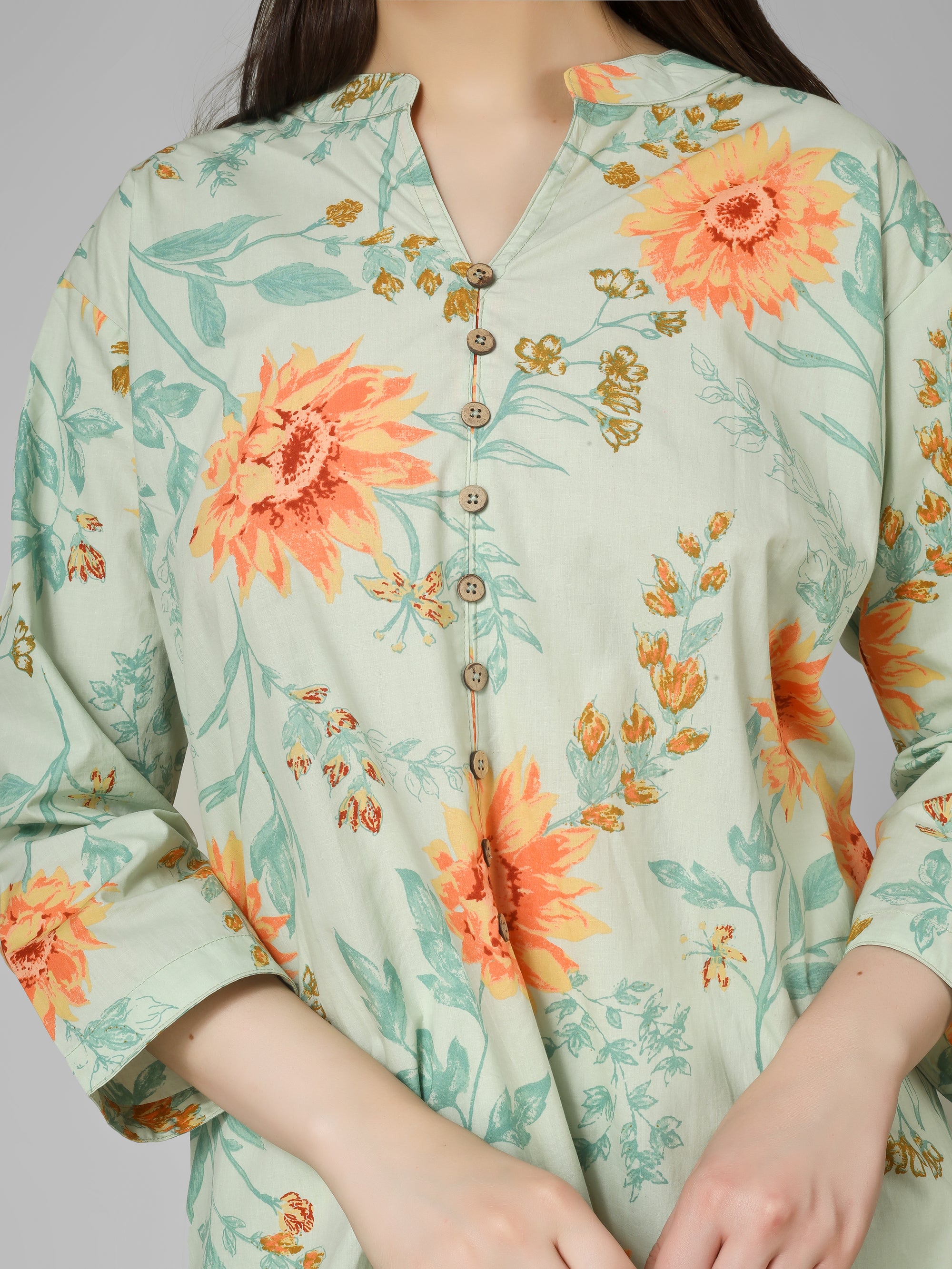 Meadow Breeze: Sage Green Floral Printed Cotton Kurti with Button  Detail