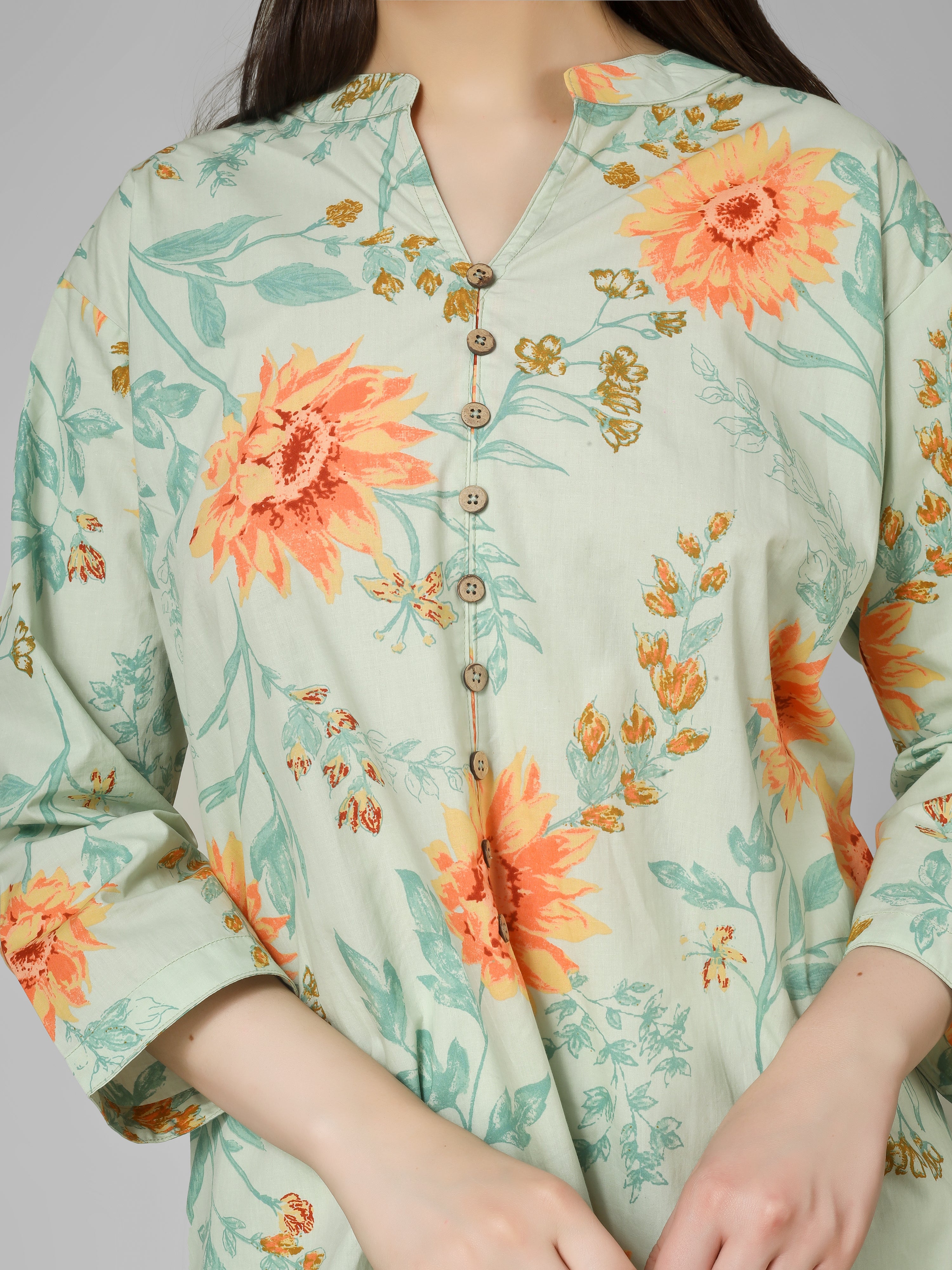 Meadow Breeze: Sage Green Floral Printed Cotton Kurti with Button  Detail