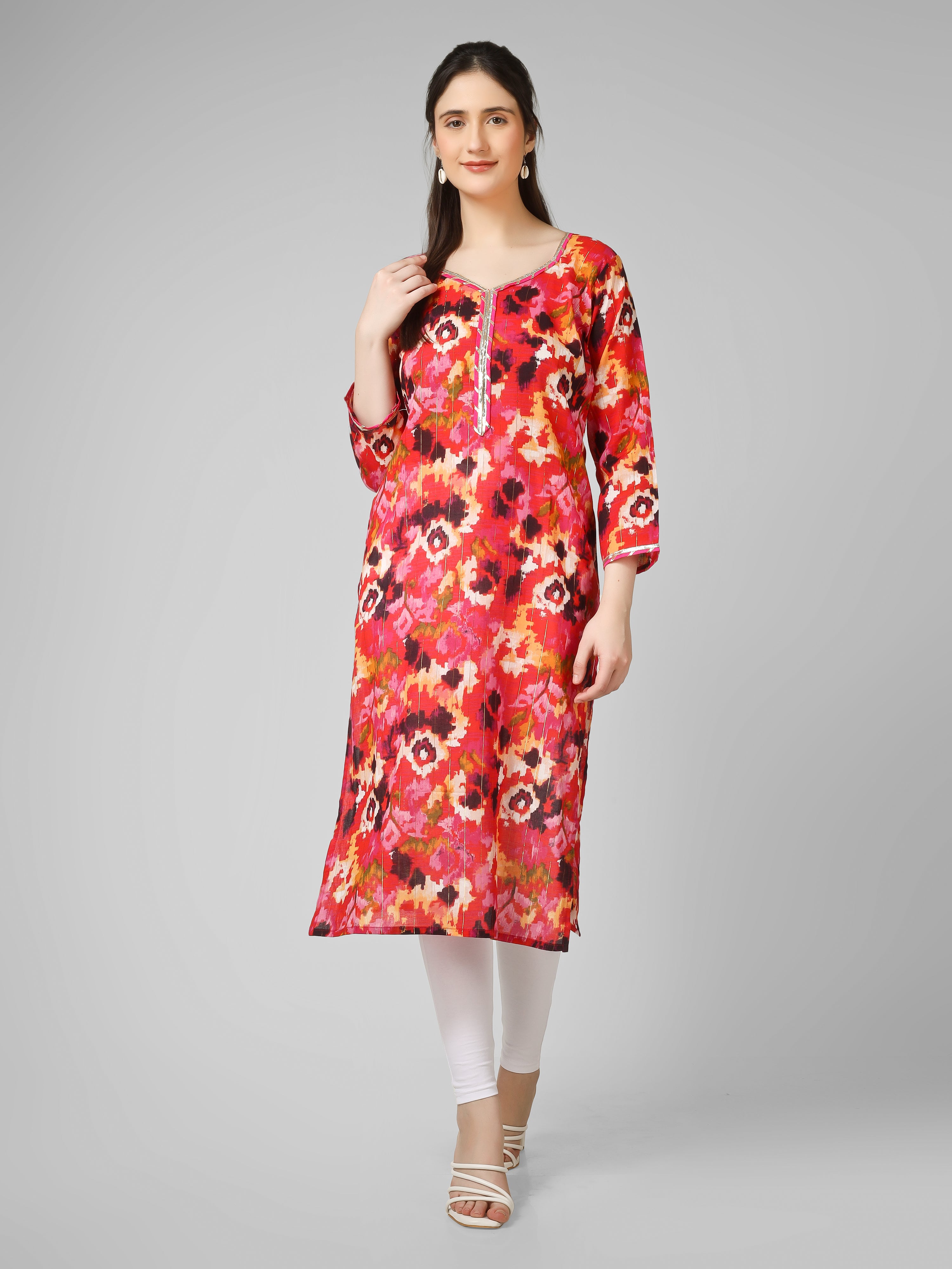 Vivid Radiance: Abstract Multi-Color Printed Kurti with Gota Patti Trim