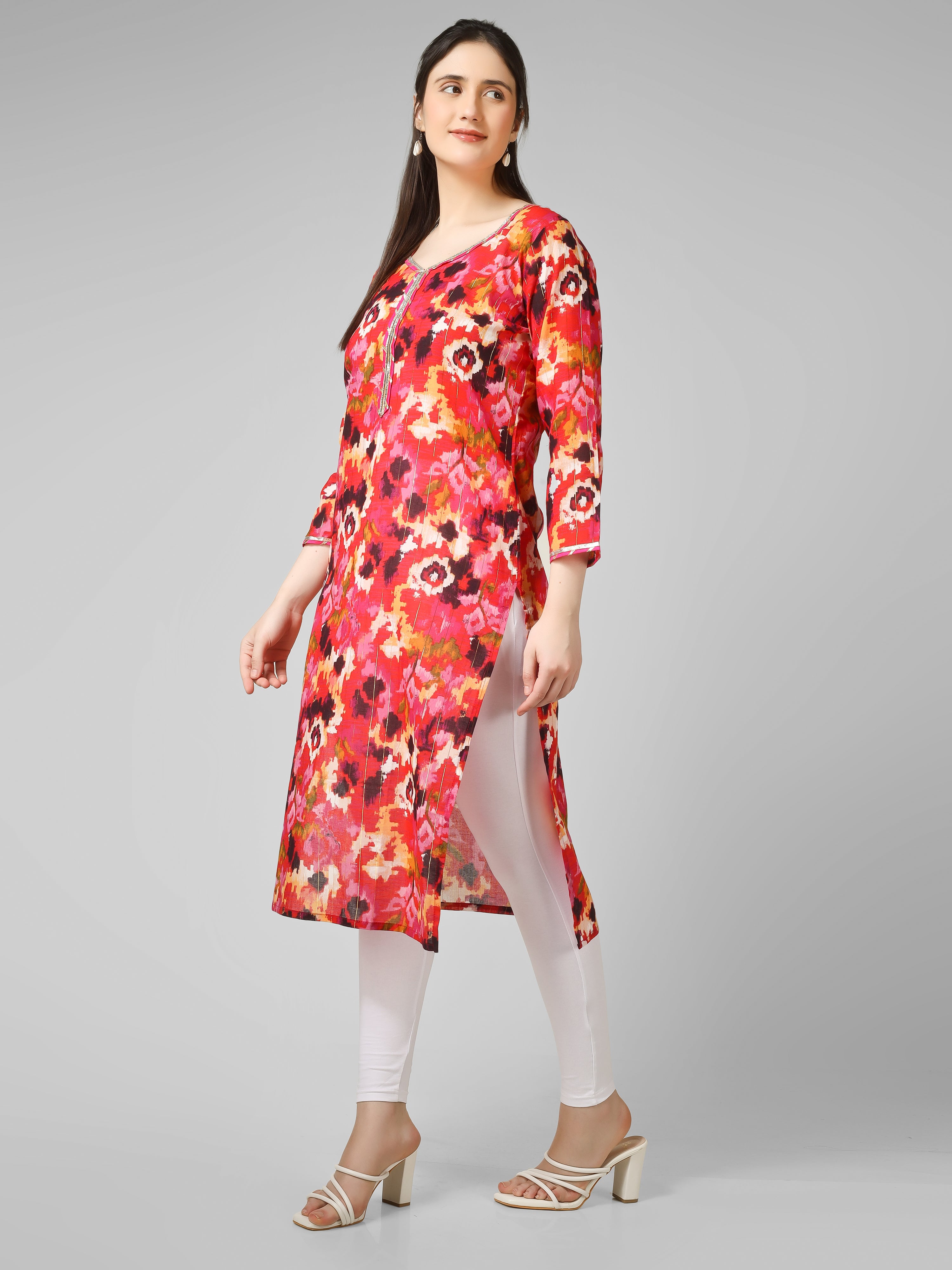 Vivid Radiance: Abstract Multi-Color Printed Kurti with Gota Patti Trim