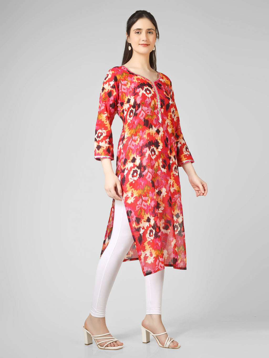 Vivid Radiance: Abstract Multi-Color Printed Kurti with Gota Patti Trim