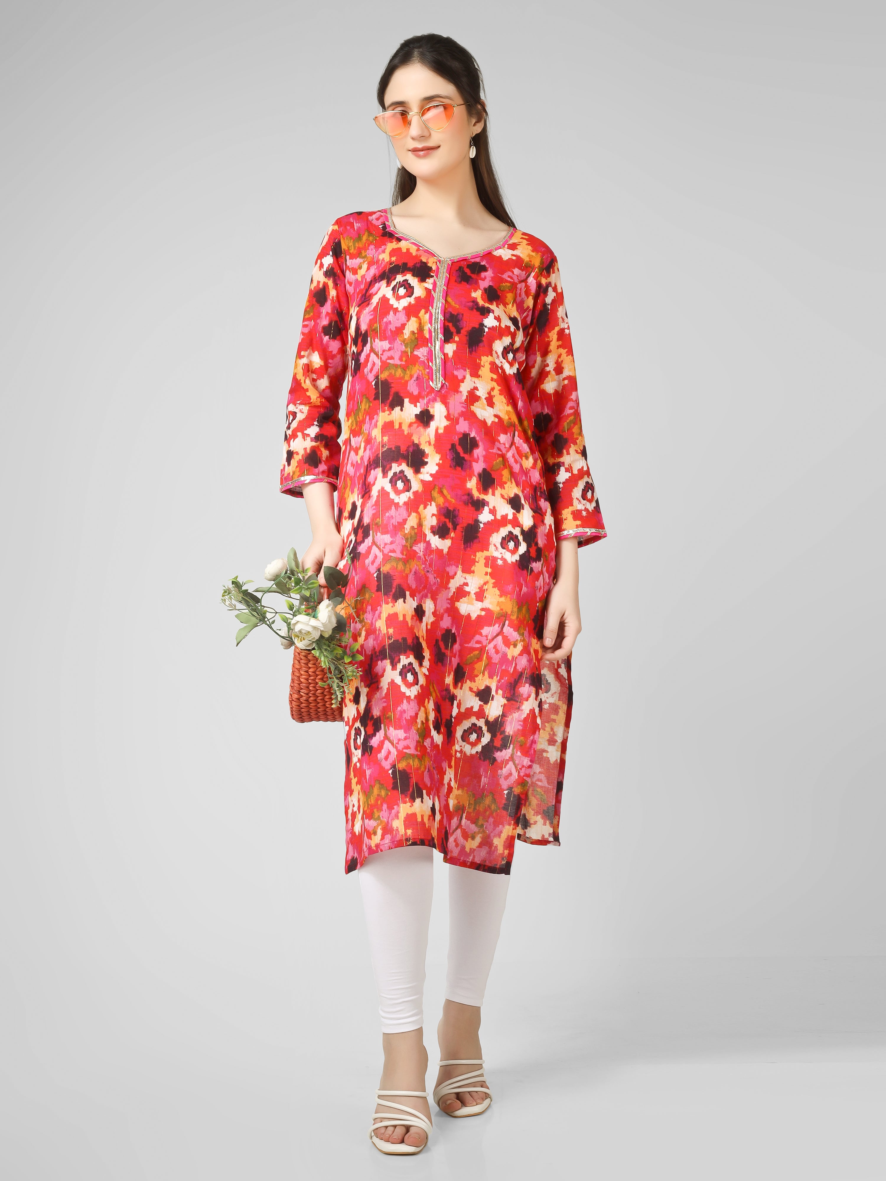 Vivid Radiance: Abstract Multi-Color Printed Kurti with Gota Patti Trim