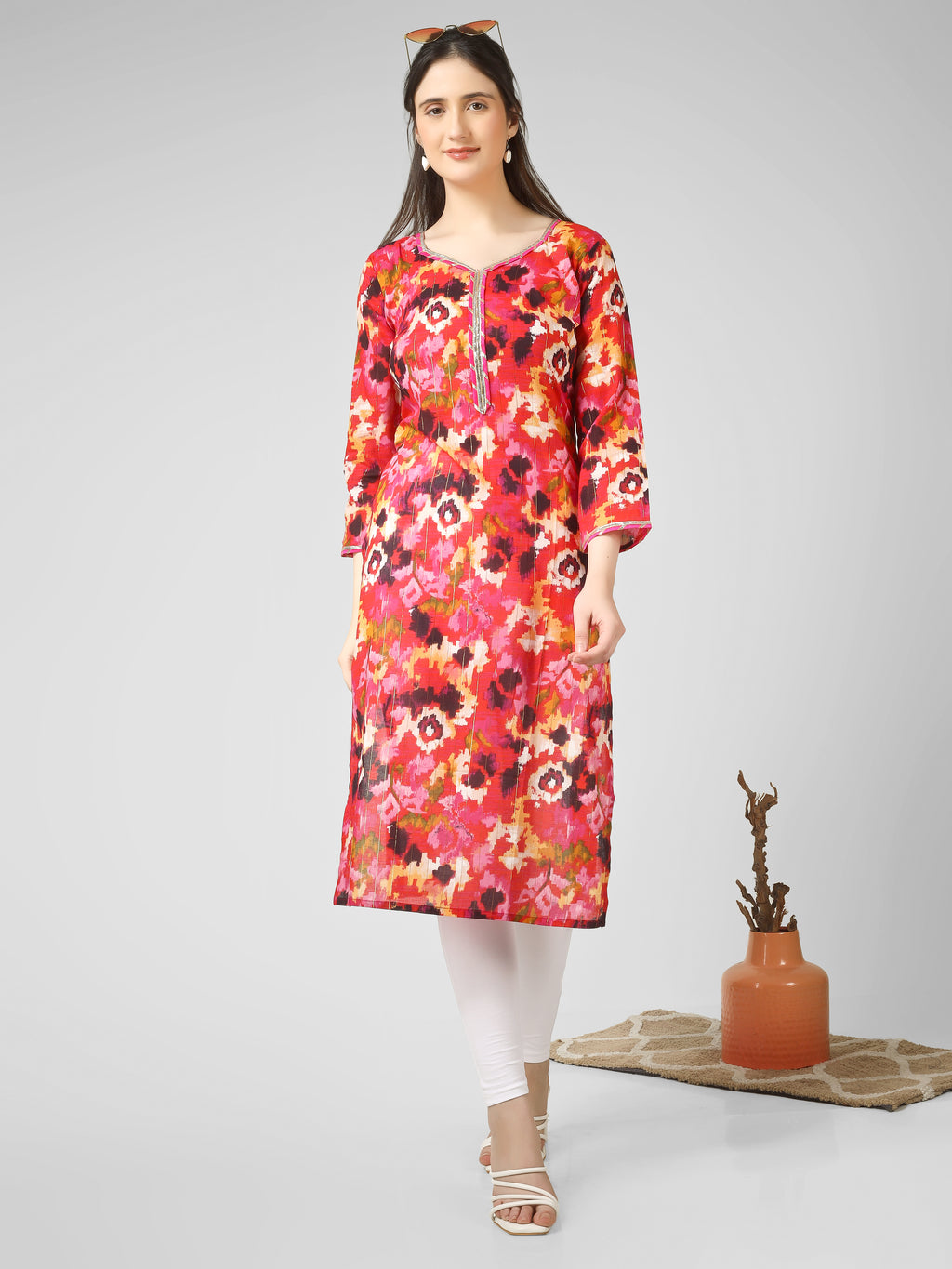 Vivid Radiance: Abstract Multi-Color Printed Kurti with Gota Patti Trim