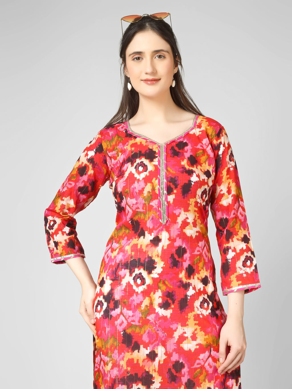 Vivid Radiance: Abstract Multi-Color Printed Kurti with Gota Patti Trim