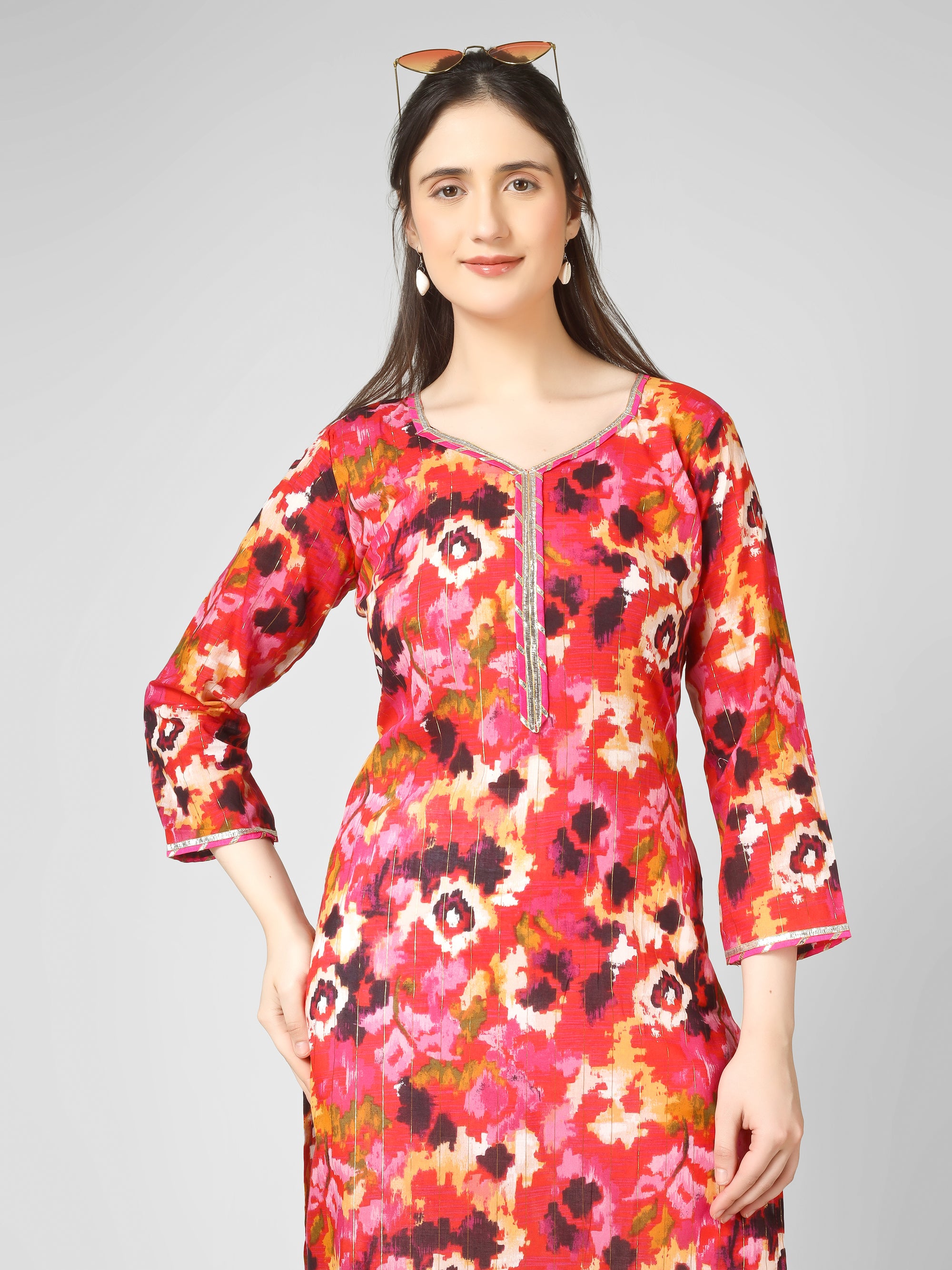 Vivid Radiance: Abstract Multi-Color Printed Kurti with Gota Patti Trim