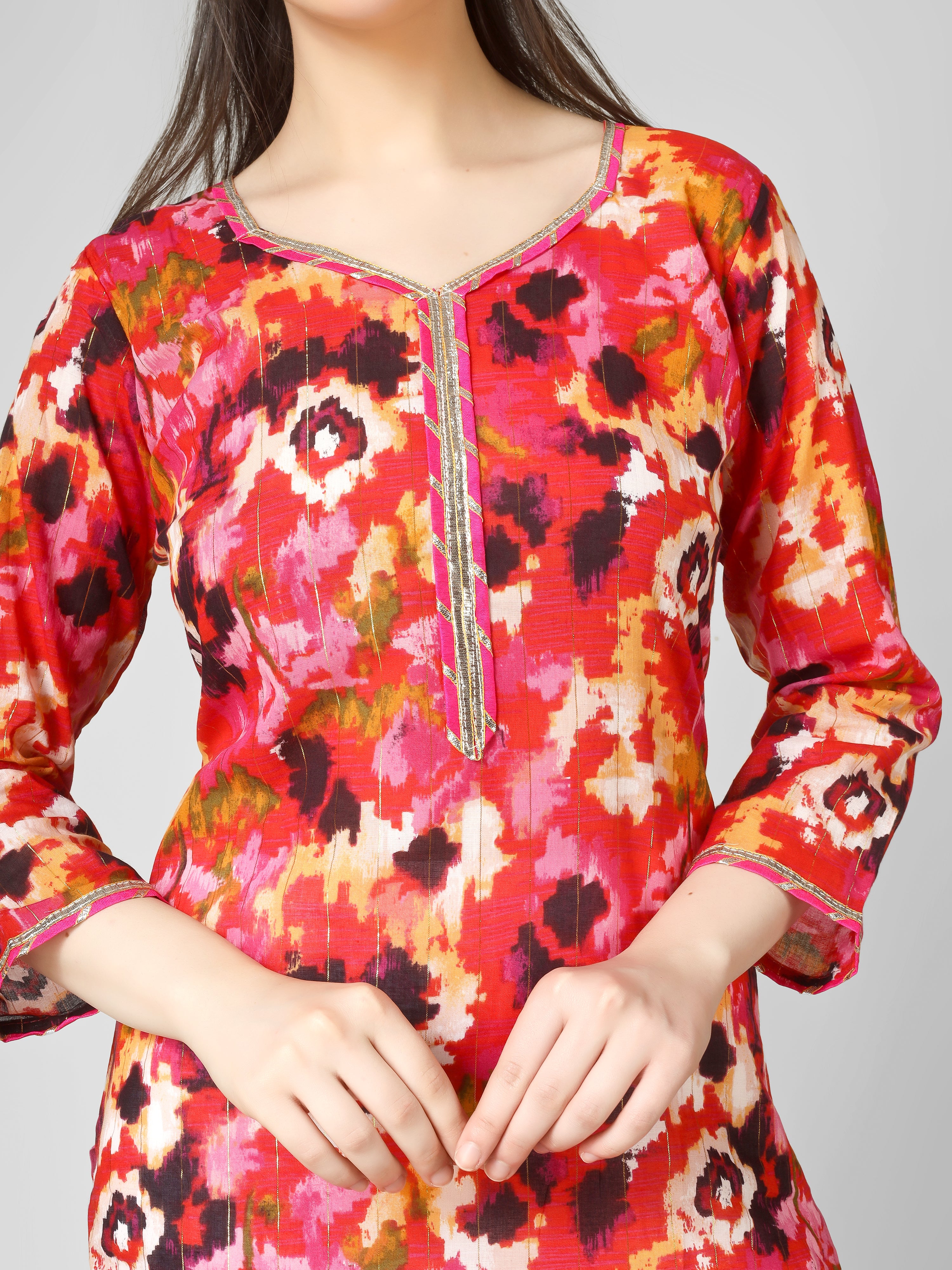 Vivid Radiance: Abstract Multi-Color Printed Kurti with Gota Patti Trim