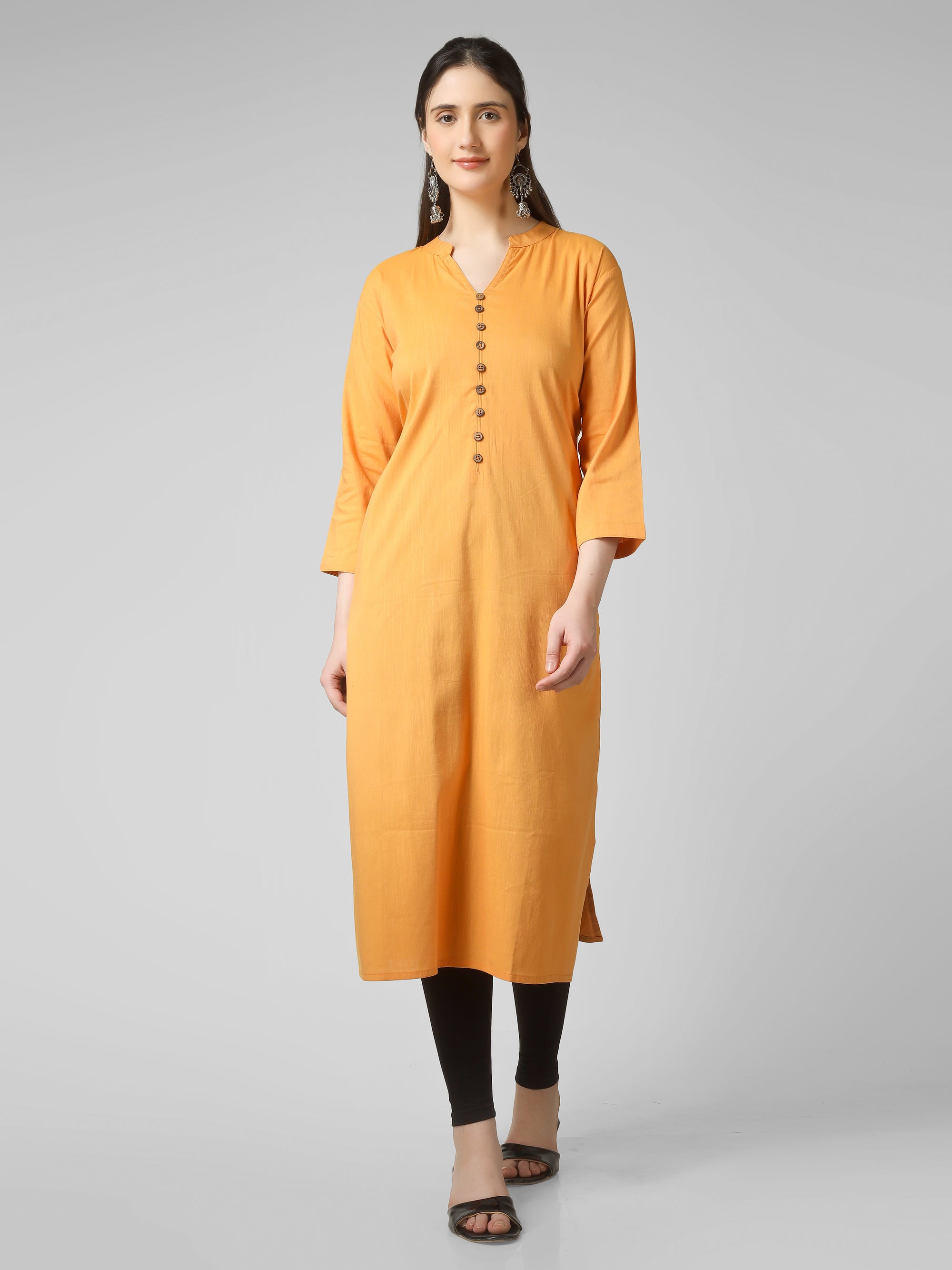 Saffron Solace: Mustard Yellow Solid Cotton Kurti with Wooden Button Detail