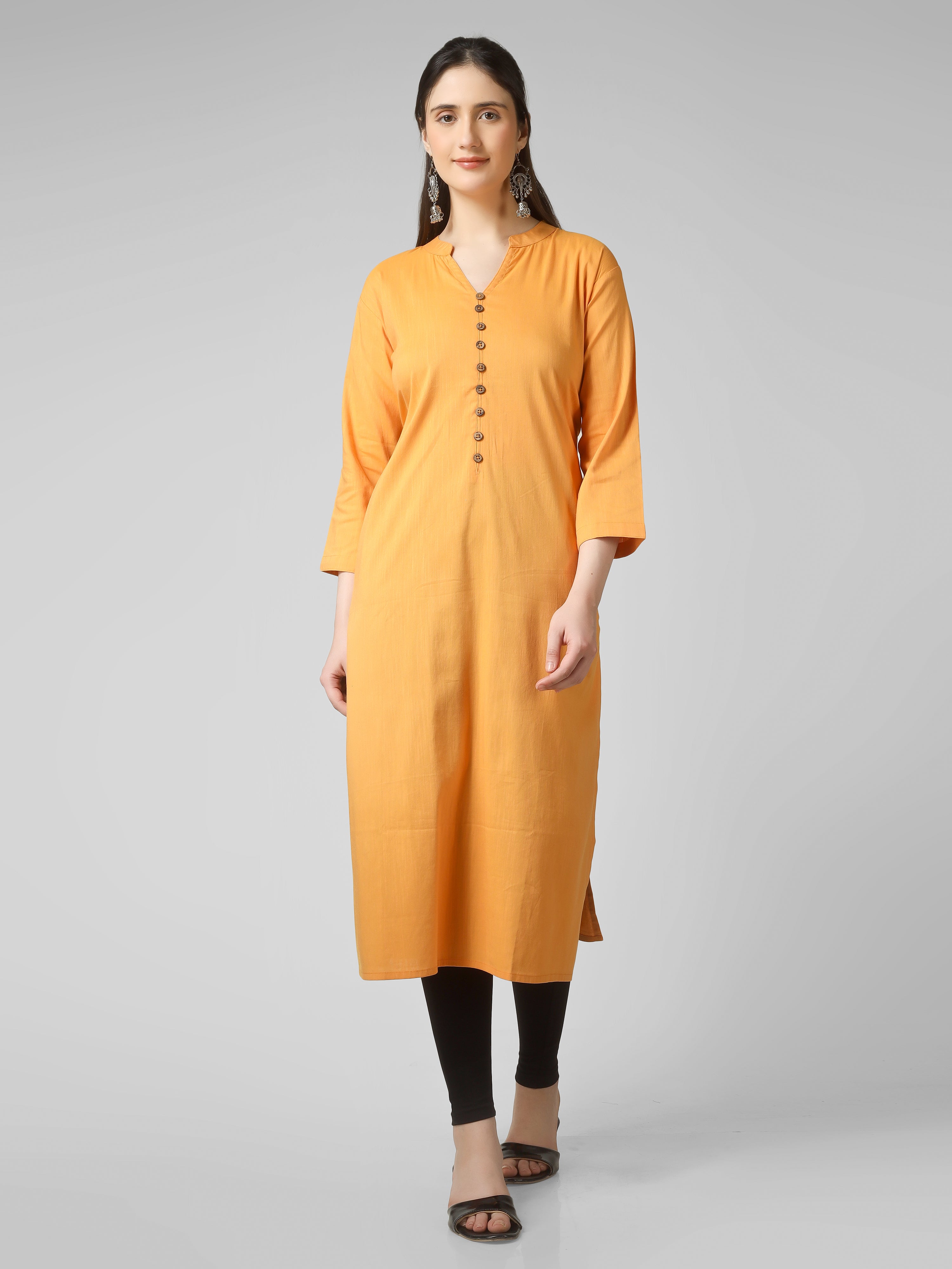 Saffron Solace: Mustard Yellow Solid Cotton Kurti with Wooden Button Detail