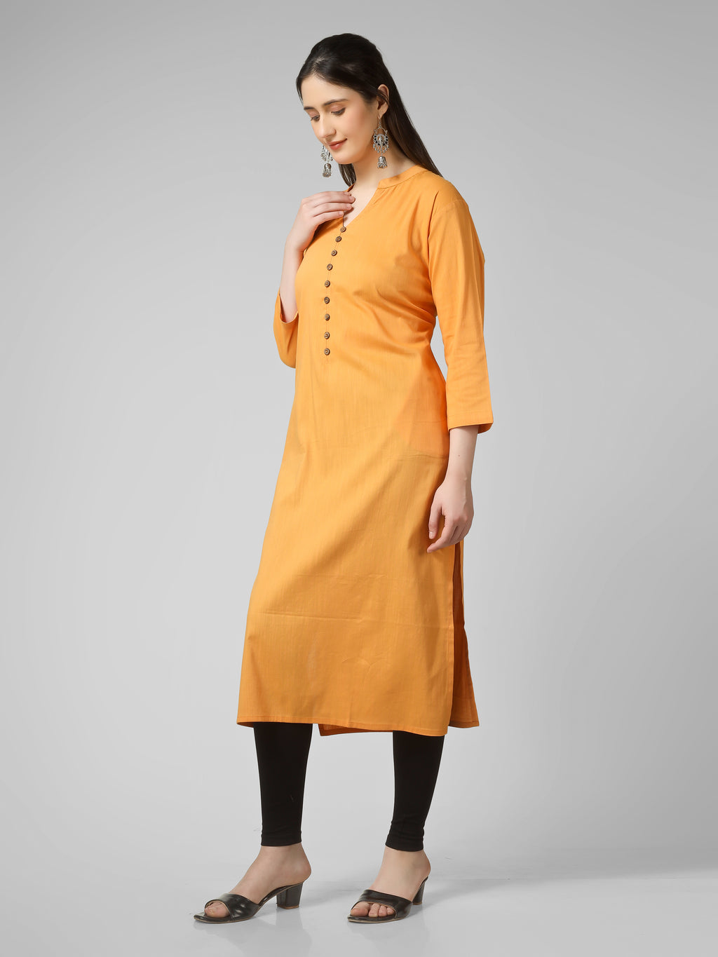 Saffron Solace: Mustard Yellow Solid Cotton Kurti with Wooden Button Detail