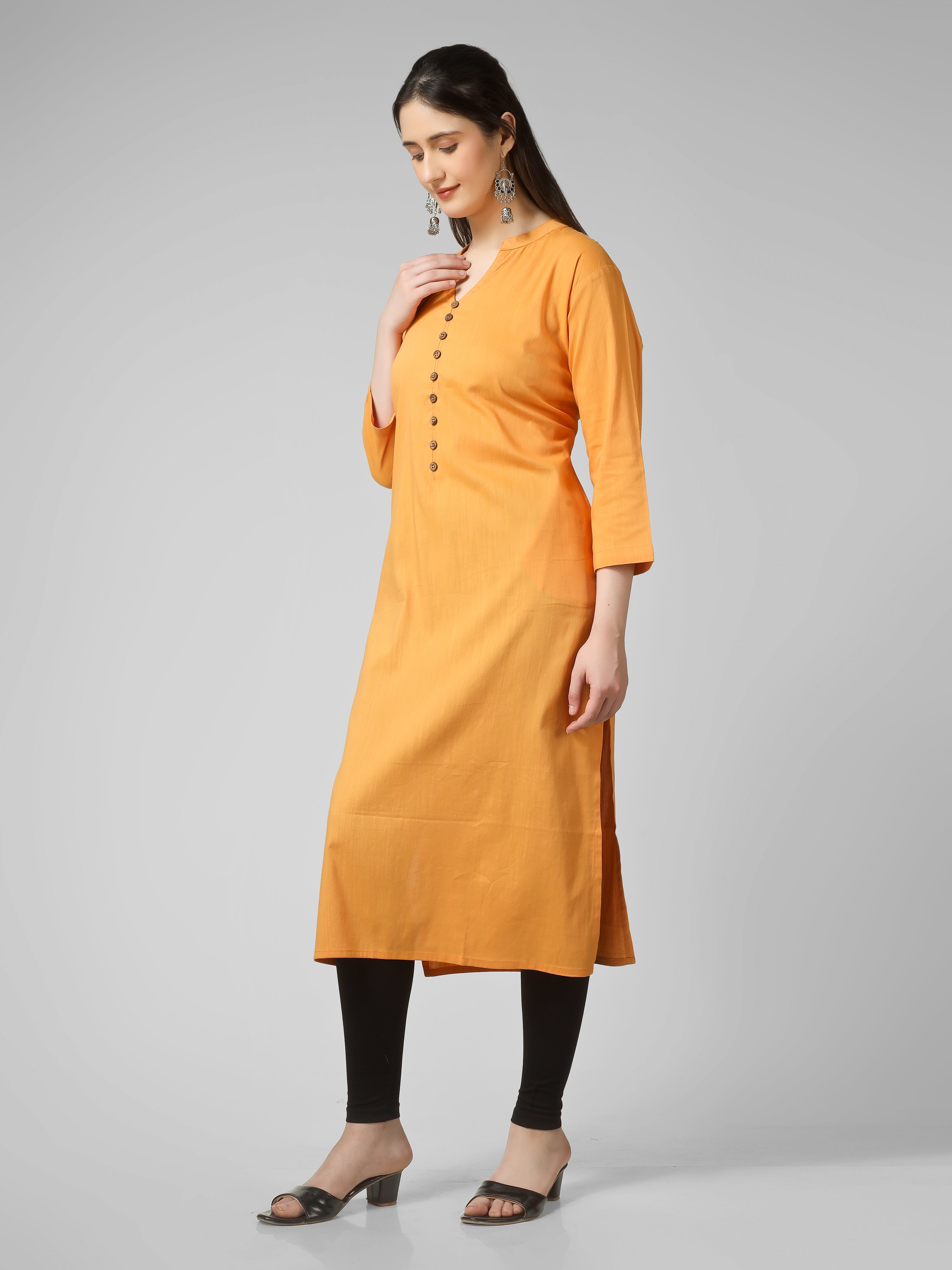 Saffron Solace: Mustard Yellow Solid Cotton Kurti with Wooden Button Detail