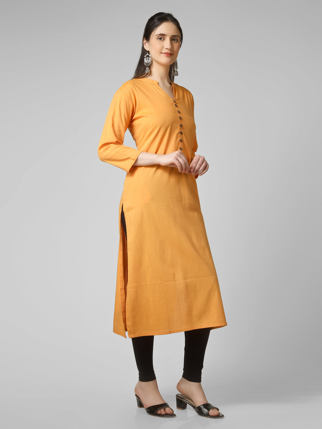 Saffron Solace: Mustard Yellow Solid Cotton Kurti with Wooden Button Detail