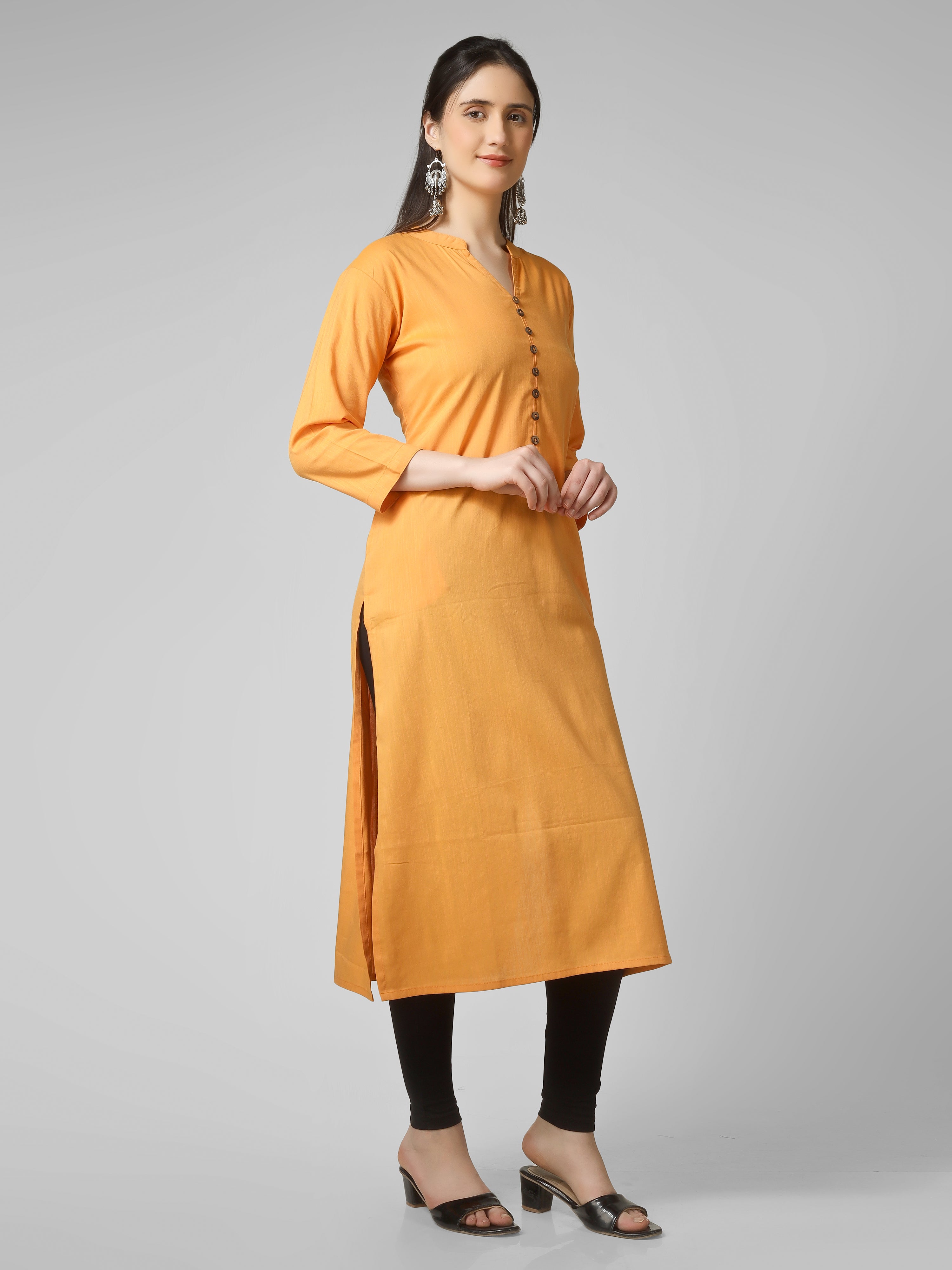 Saffron Solace: Mustard Yellow Solid Cotton Kurti with Wooden Button Detail