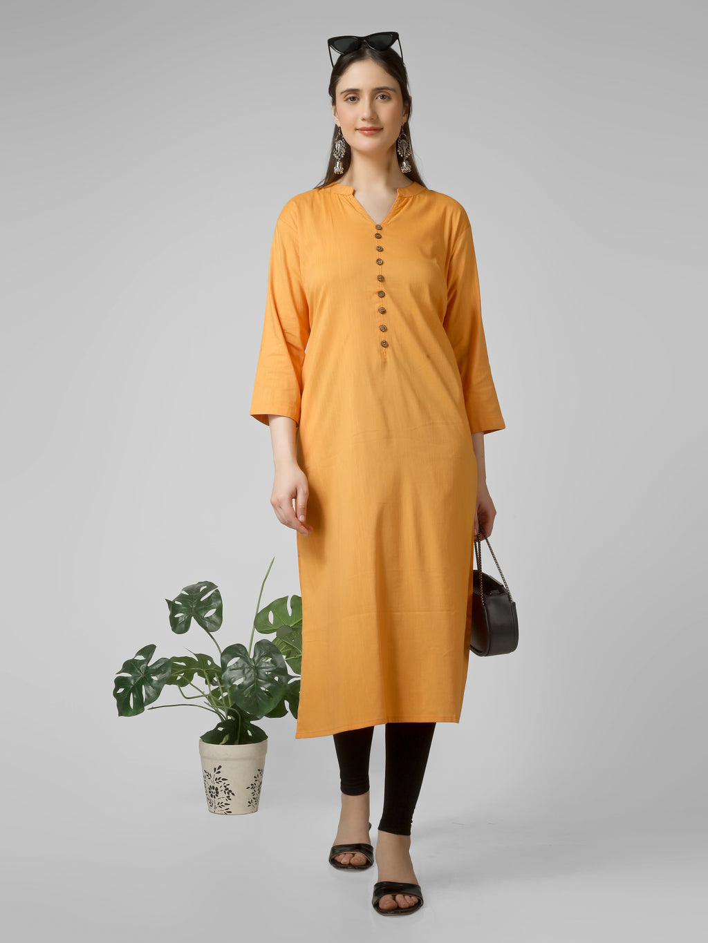 Saffron Solace: Mustard Yellow Solid Cotton Kurti with Wooden Button Detail