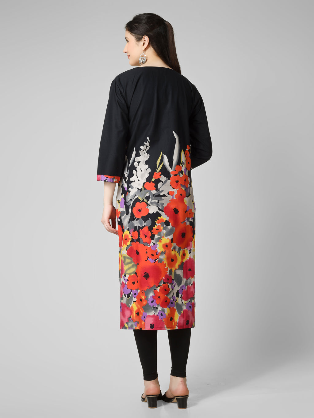 Midnight Bloom: Black Cotton Kurti with Vibrant Floral Hem and Potli Button Detail
